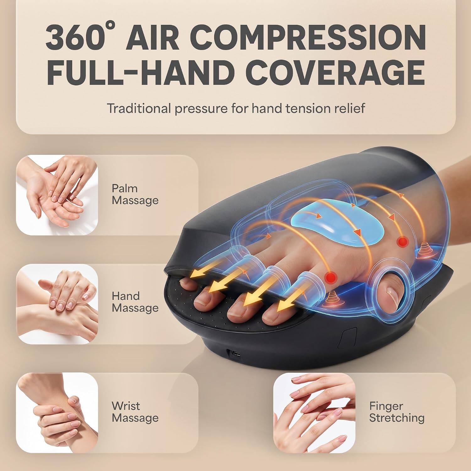 360° AIR COMPRESSION FULL-HAND COVERAGE  
Traditional pressure for hand tension relief  
Palm Massage  
Hand Massage  
Wrist Massage  
Finger Stretching
