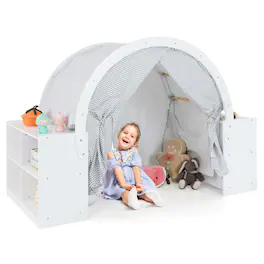 Costway - Indoor Playhouse with Storage Wooden Kids Play Tent with Curtain Shades & 8 Cubbies - White