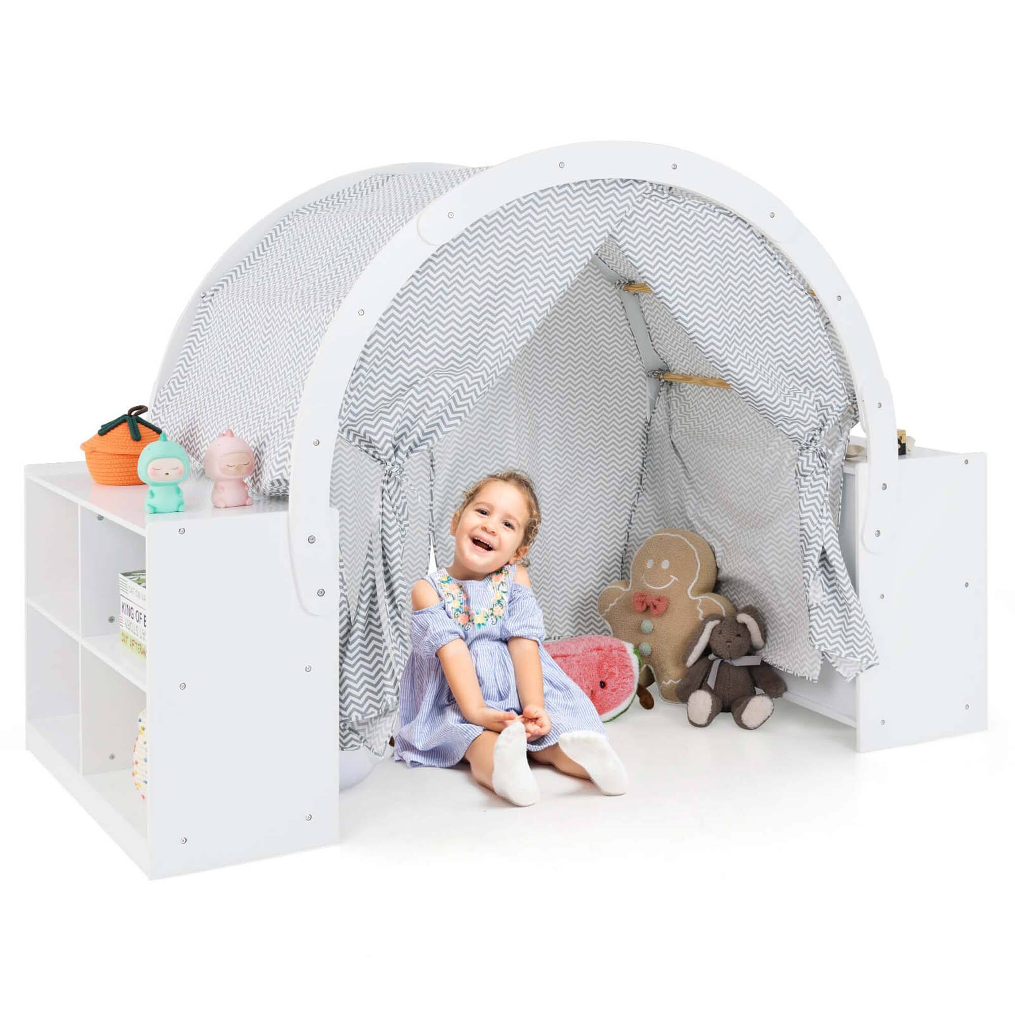 Front. Costway - Costway Indoor Playhouse with Storage Wooden Kids Play Tent with Curtain Shades & 8 Cubbies - White.