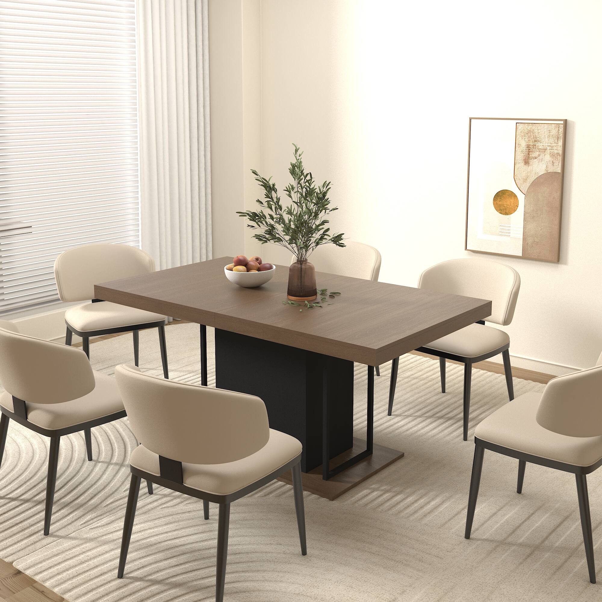 Alt View 2. Tiramisubest - Modern Extendable Dining Table for 6-10 People,78" Rectangle Dining Table with Black Double Sturdy Pedestal Base - Black+Brown.