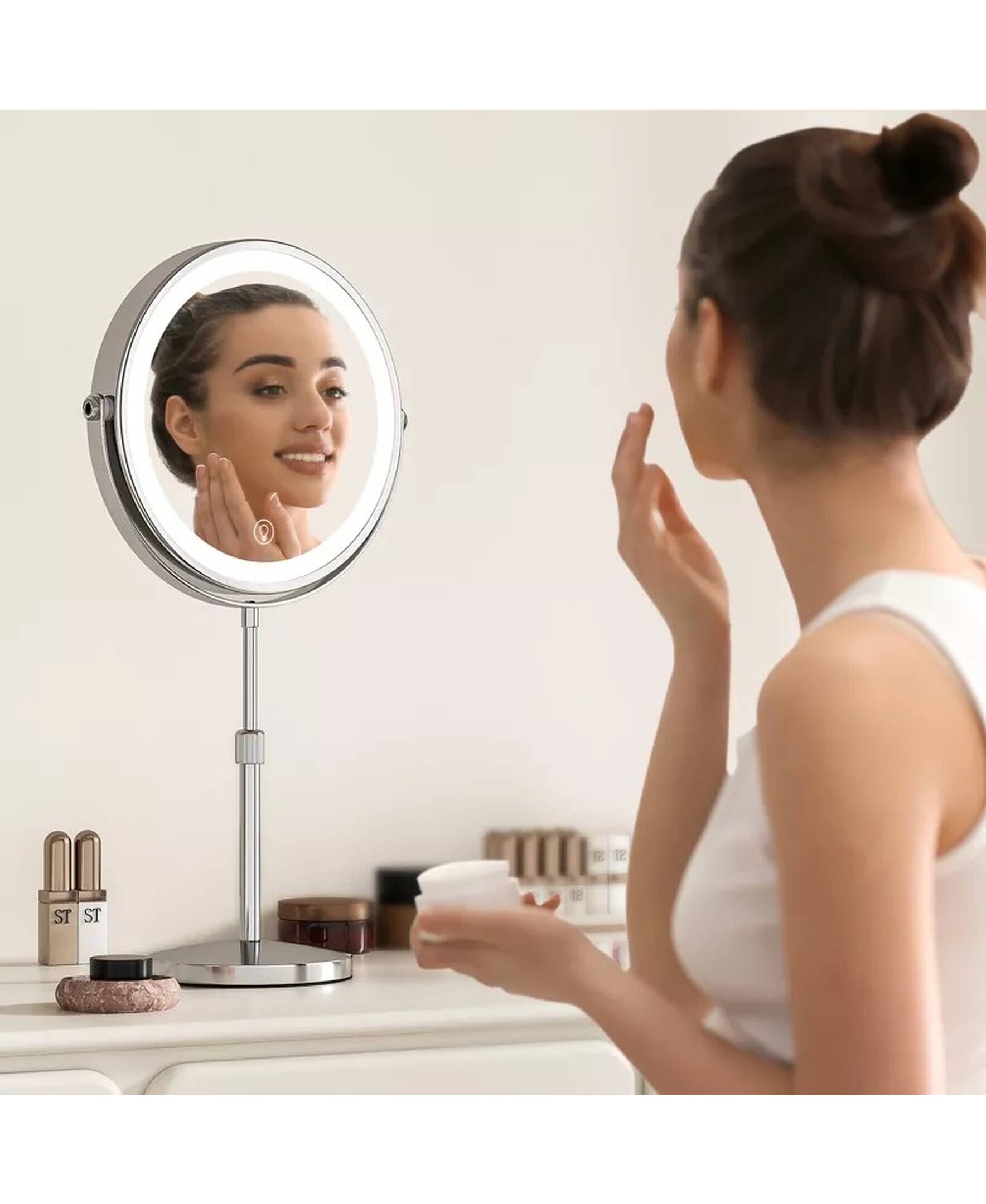 Angle. Sugift - 10X Lighted Makeup Mirror with 3 Color Modes & Touch Control, Rechargeable Double-Sided Vanity Mirror.