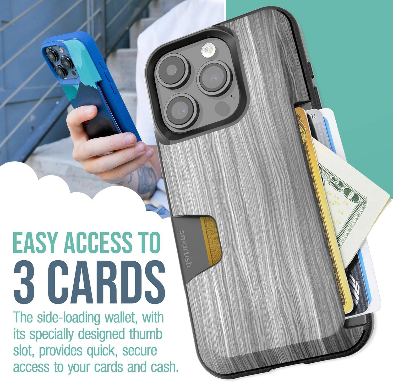 EASY ACCESS TO 3 CARDS

The side-loading wallet, with its specially designed thumb slot, provides quick, secure access to your cards and cash.