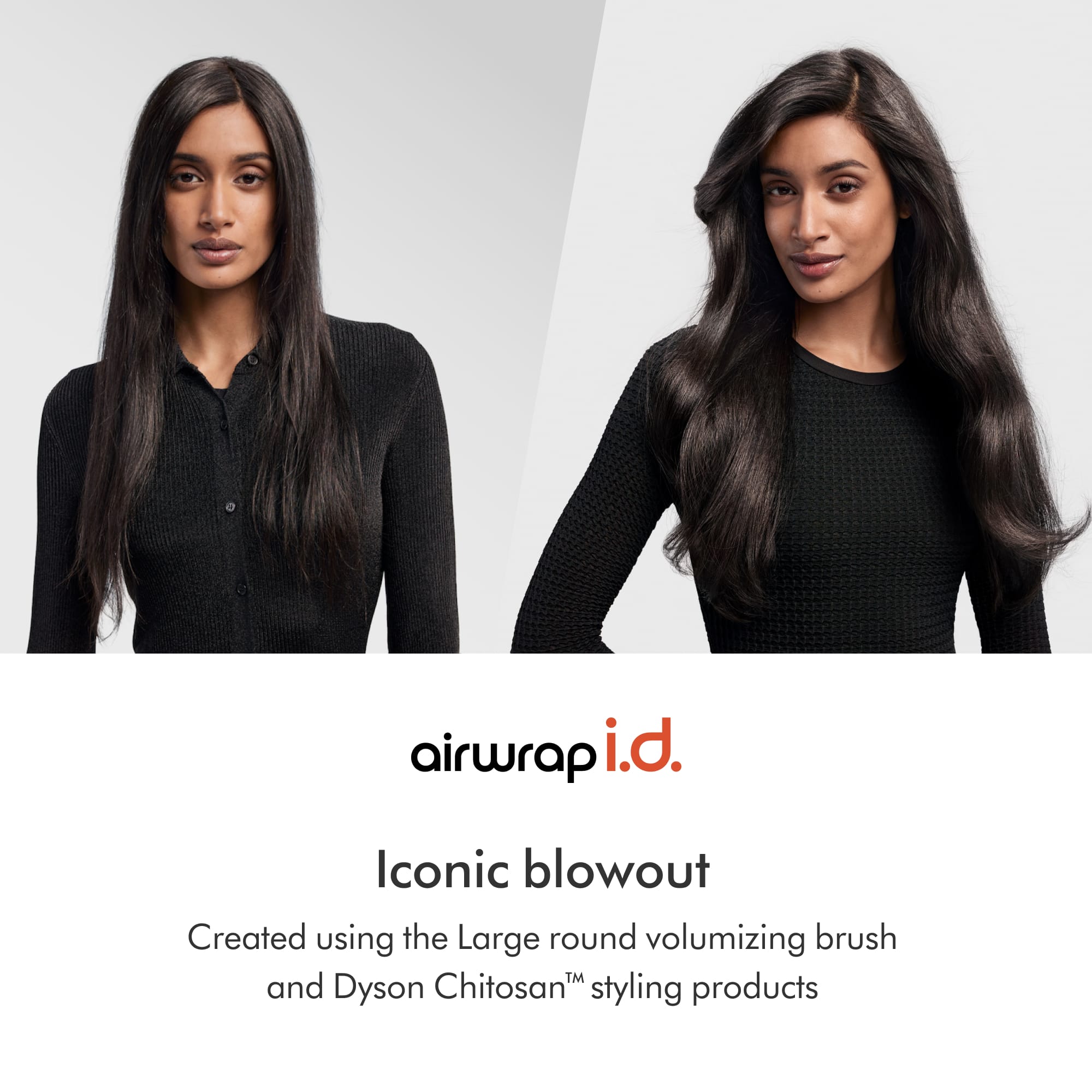 The text on the image is grouped and corrected as follows:
"Airwrap i.d. Iconic blowout: Created using the Large round volumizing brush and Dyson Chitosan styling products."