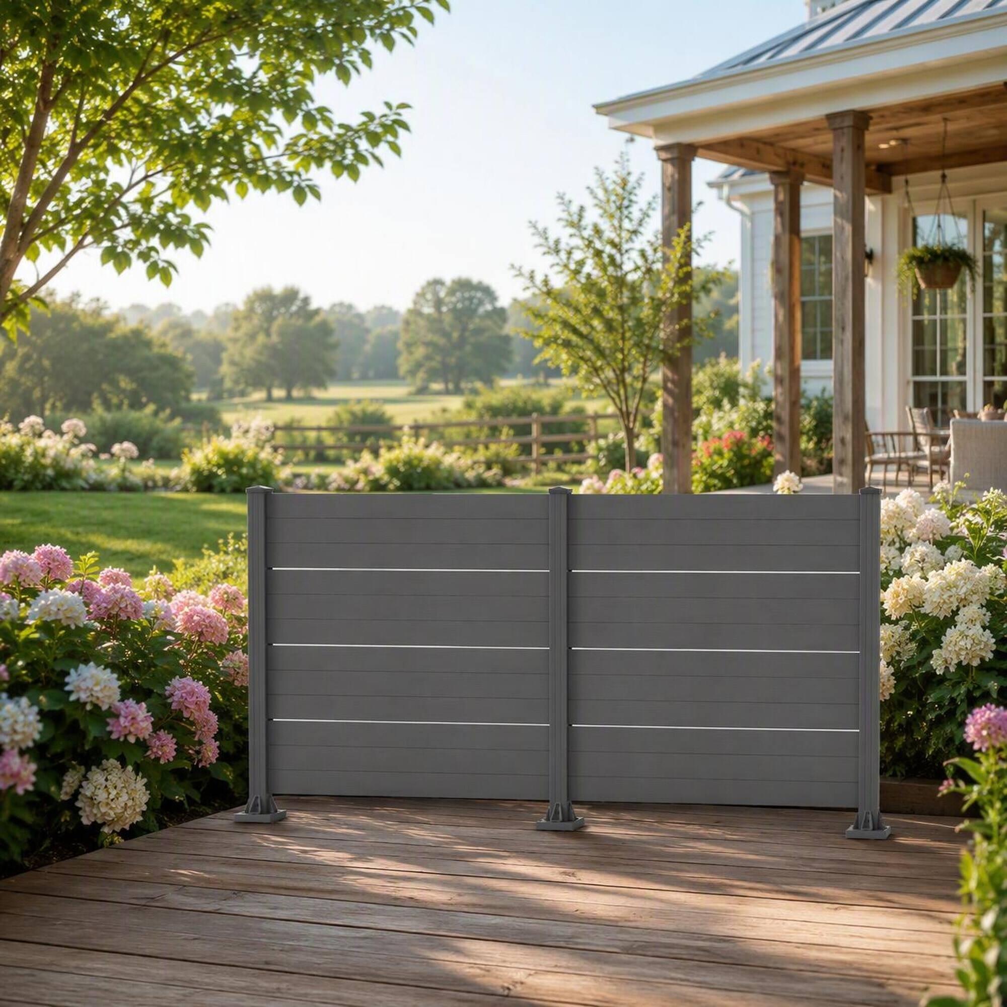 Left. RYHNUYNE - 50x49 Inch Outdoor Privacy Screen for AC Unit, All-Weather Vinyl Fence with Aluminum Posts, 2 Dark Grey Panels - DARK GREY.