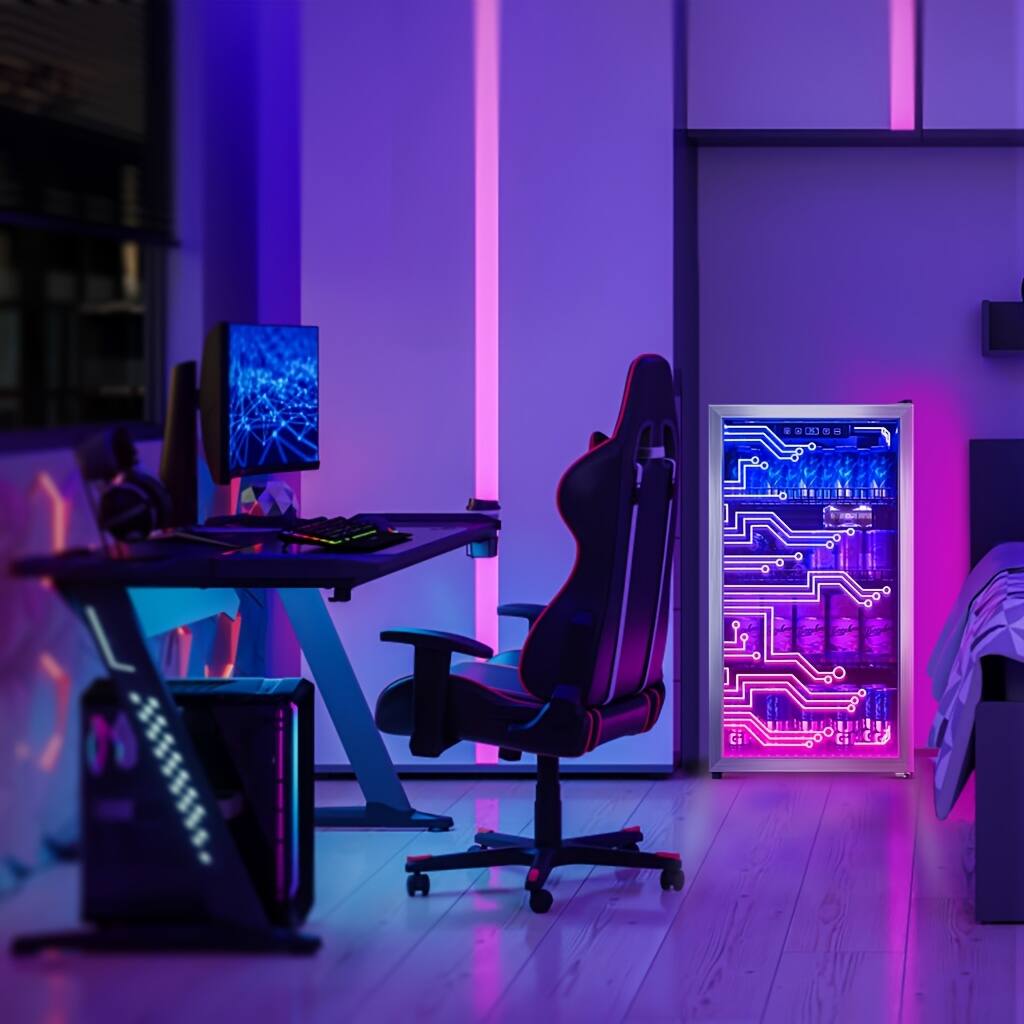Alt View 3. Manastin - 120‑Can Freestanding Light‑Up Beverage Cooler, LED Lighting Door, Cyberpunk Style for Game Room, Bar and Party Use - silver.