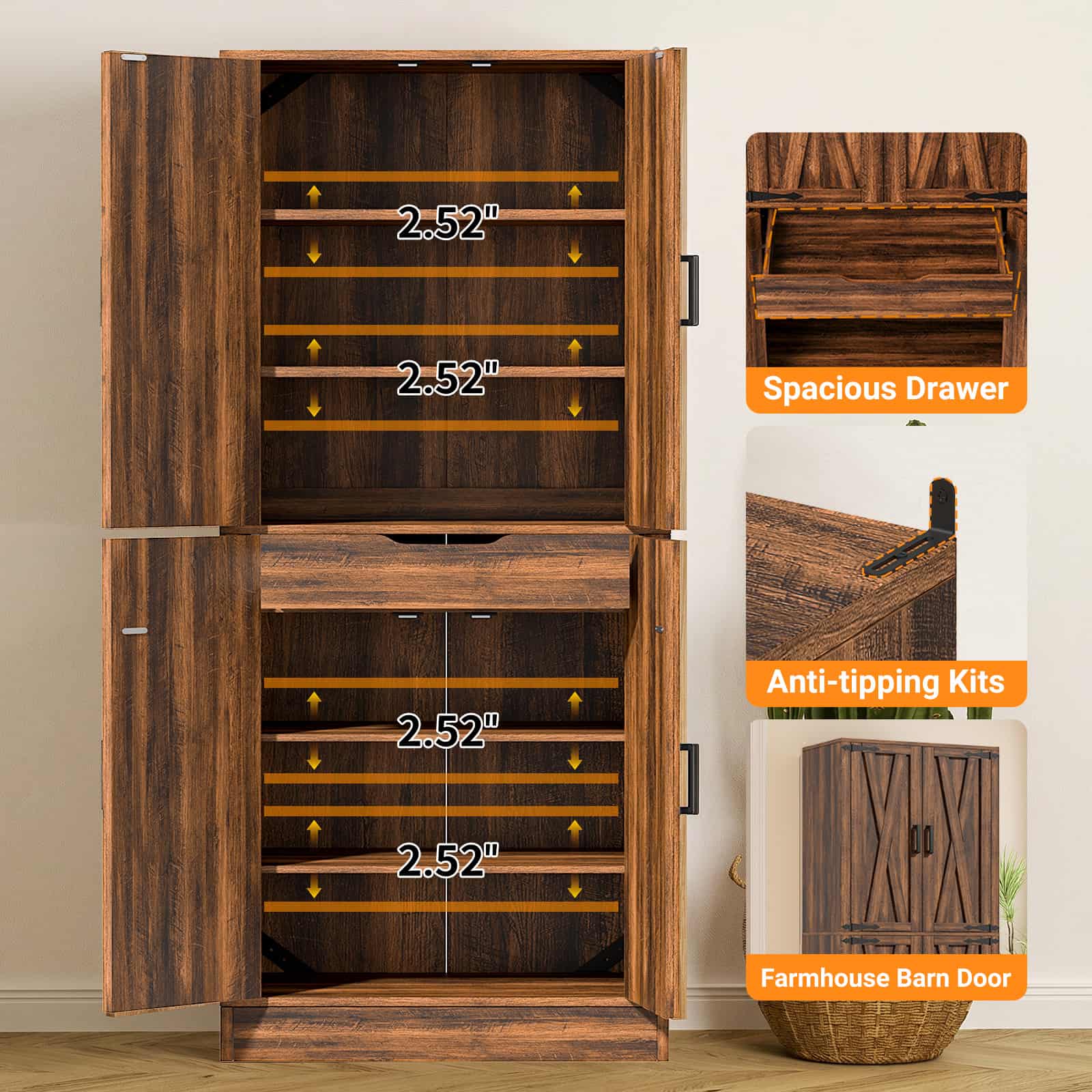2.52" Spacious Drawer  
2.52" Anti-tipping Kits  
2.52" Farmhouse Barn Door