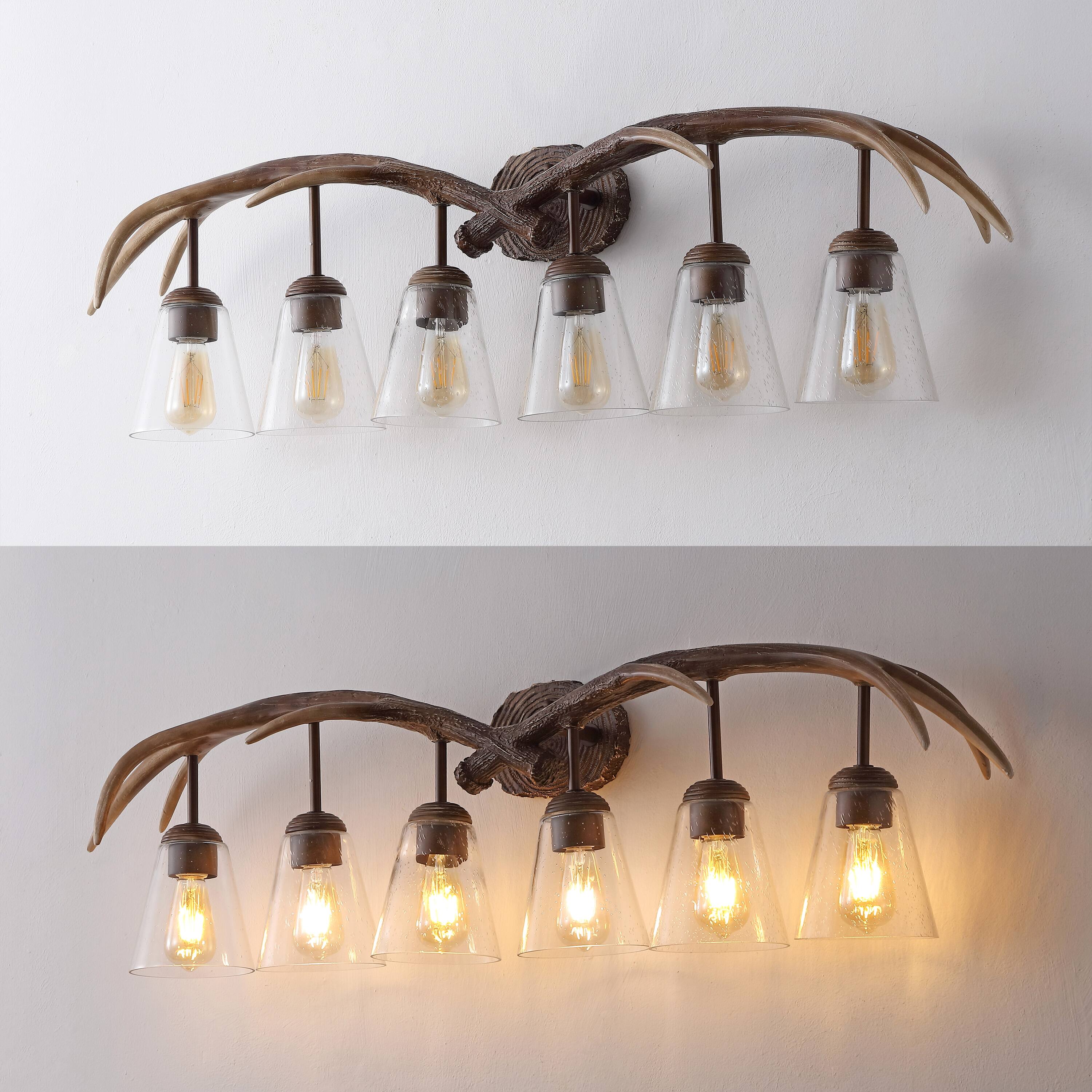 Alt View 3. Jonathan Y - Wyatt 45" 6-Light Southwestern Bohemian Resin/Seeded Glass Faux Antler LED Vanity Light, Brown Wood Finish - Brown Wood Finish.