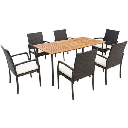 Front. Mondawe - 7 Pieces Patio Wicker Cushioned Dining Set with Umbrella Hole - Natural, Black, Mix Brown.