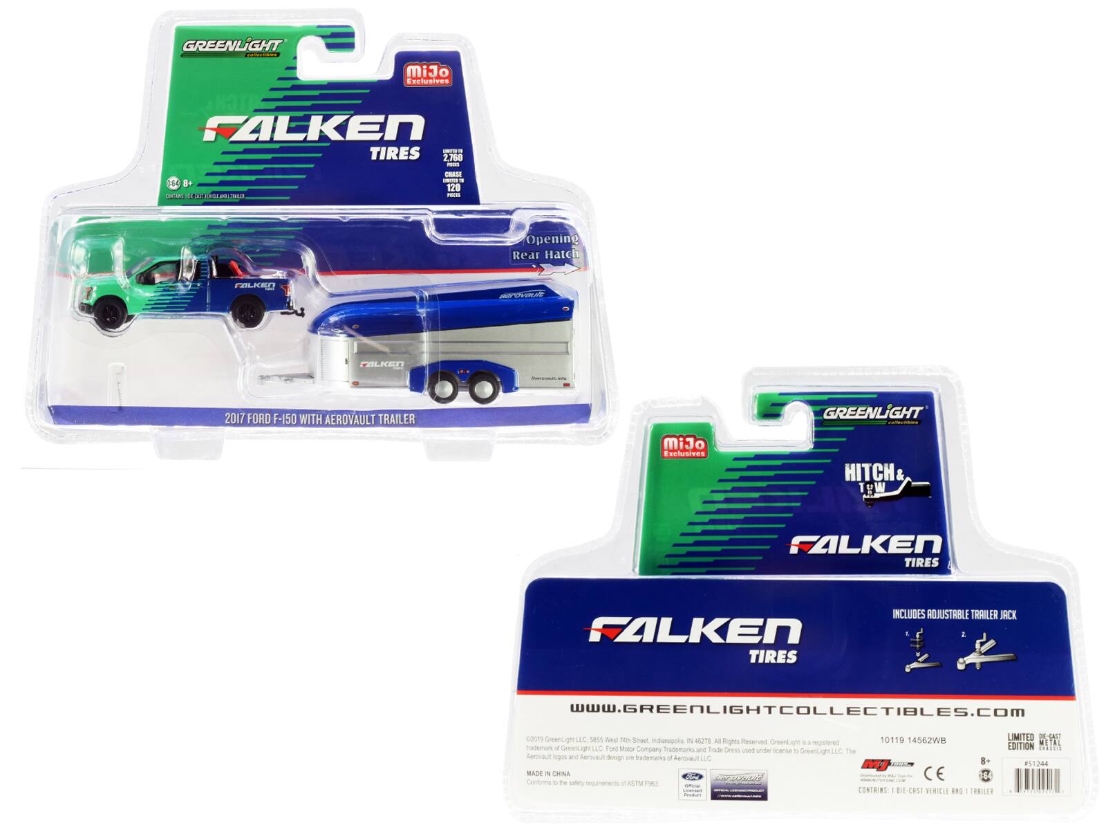GREENLIGHT  
miJo exclusives  
FALKEN TIRES  
2760 -d 4 B+ DP 11 TEU  
1 A. CRRS - 128  
Opening Rear Hatch  
FALKEN  
2017 FORD F-150 WITH AEROVAULT TRAILER  
miJo Fectusives  
GREENLIGHT - HITCH & TeW  
FALKEN TIRES  
FALKEN TIRES INCLUDES ADJUSTABLE TRAILER JACK  
www.GREENLIGHTCOLLECTIBLES.com  
c2 LIMITED D-CKT  
Green LLC  
sess Thed Jem Soeet indanacons  
2 4 A Fights Reserved Greent.ight 10119 14562WB  
METAL  
repstered Tademas a Gmeenuig LLc  
fand otor Company Trademarks  
Fate Oress EDITION 13IEs  
wad under license  
GeenLyhuc The Aettivaut rgrs and Lerbaut Serign are Tadetarks  
Aeroaut LLC  
C. 8+ #1244  
MADE IN CHINA  
CE  
C