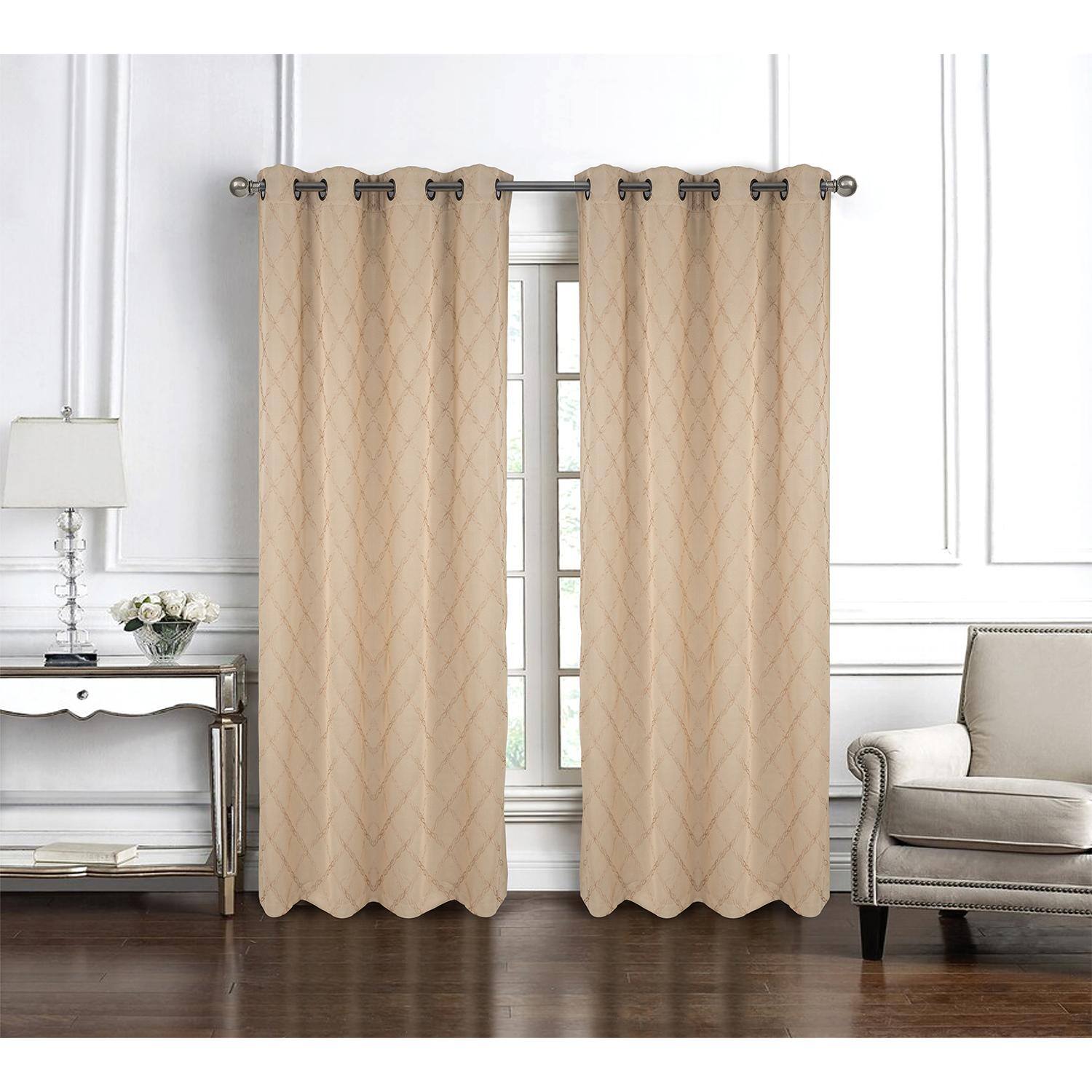 Angle. RT Designers Collection - RT Designer Collection Gable Embroidered Blackout Luxurious Decorative Grommet Curtain Panel 54" x 84" Beige - Beige.
