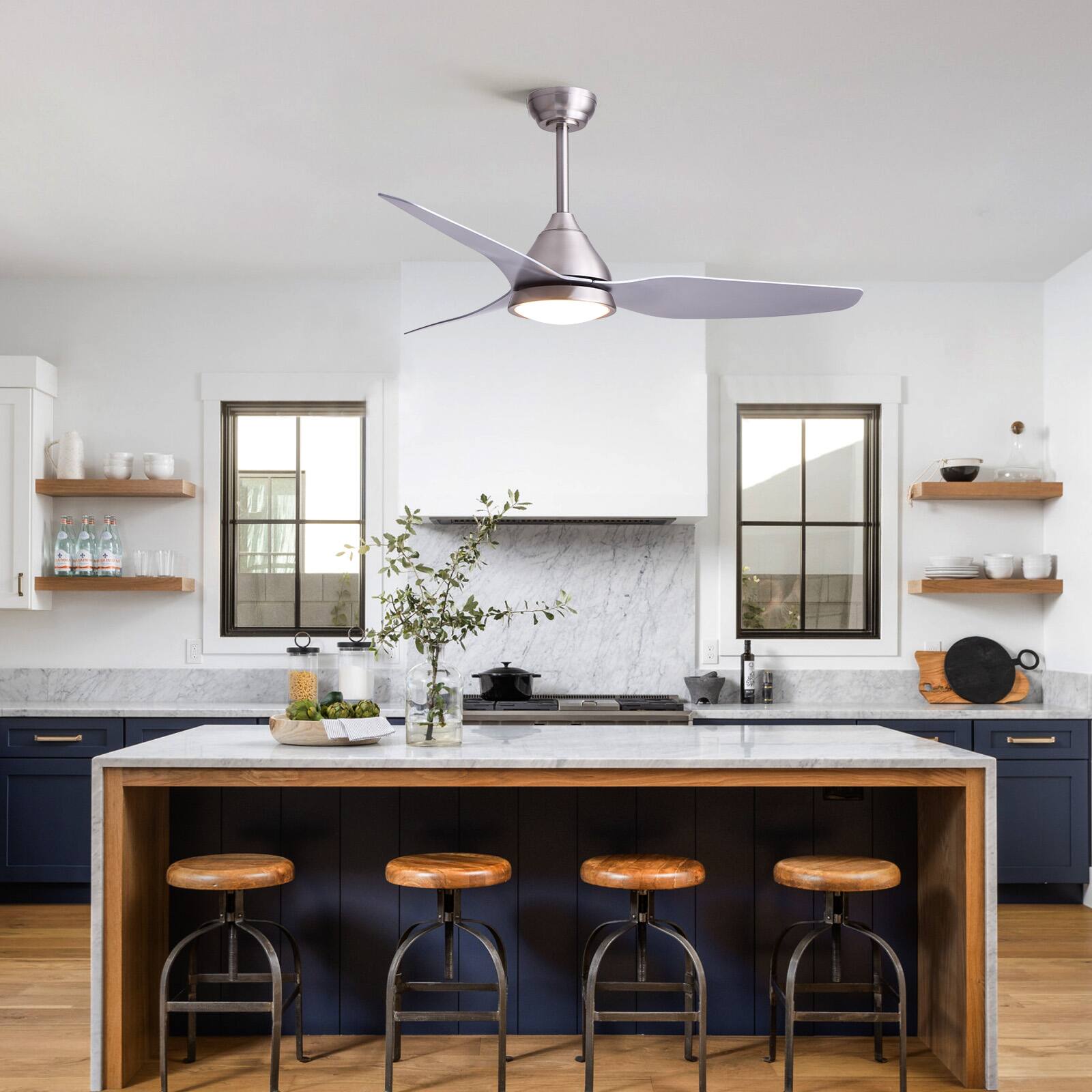 Angle. Siljoy - 52 Inch 3 Blade Brushed Nickel ABS Modern Ceiling Fan with Dimmable LED Light for Bedroom Living Room - Brushed Nickel.