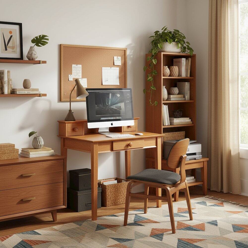 Alt View 3. FurniFact - Solid Wood Computer Desk With Hutch, Honey Brown Art Desk With Storage - Honey.