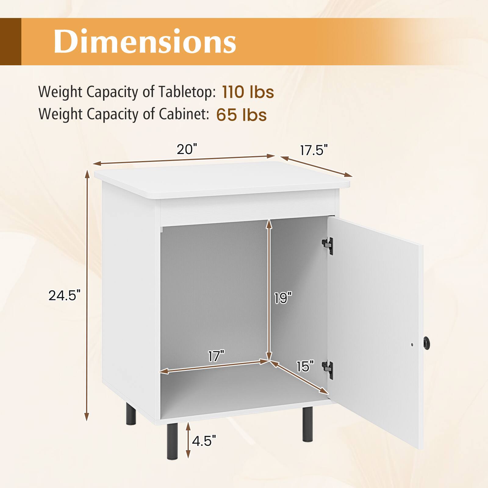 Dimensions:
- Weight Capacity of Tabletop: 110 lbs
- Weight Capacity of Cabinet: 65 lbs
- Width: 20"
- Depth: 17.5"
- Height: 24.5"
- Cabinet Width: 19"
- Cabinet Depth: 17"
- Cabinet Height: 15"
- Overall Height: 4.5"
