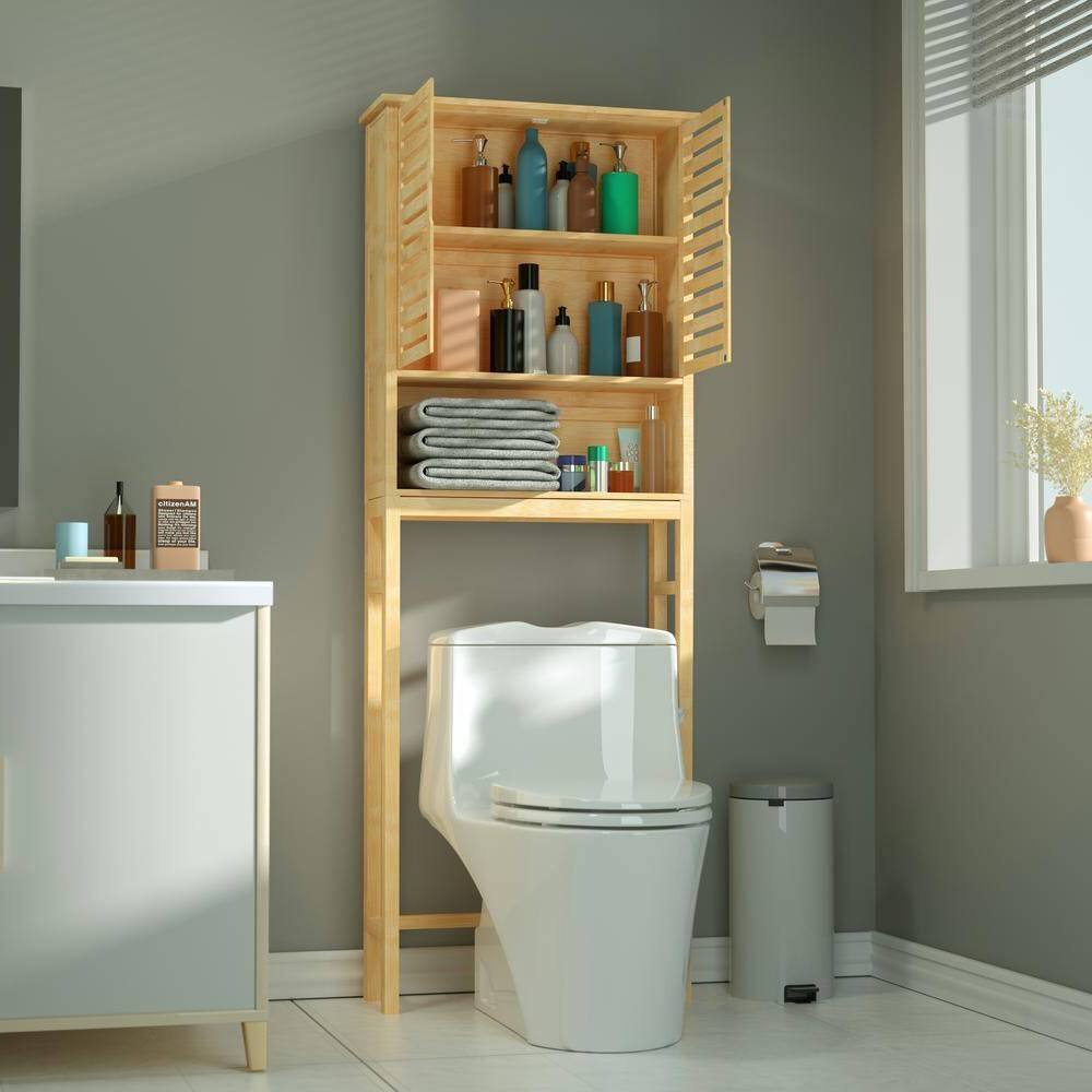 Angle. Hivvago - Over the Toilet Bathroom Storage Cabinet Shelf in Light Brown Yellow Wood Finish - Light Brown Yellow.