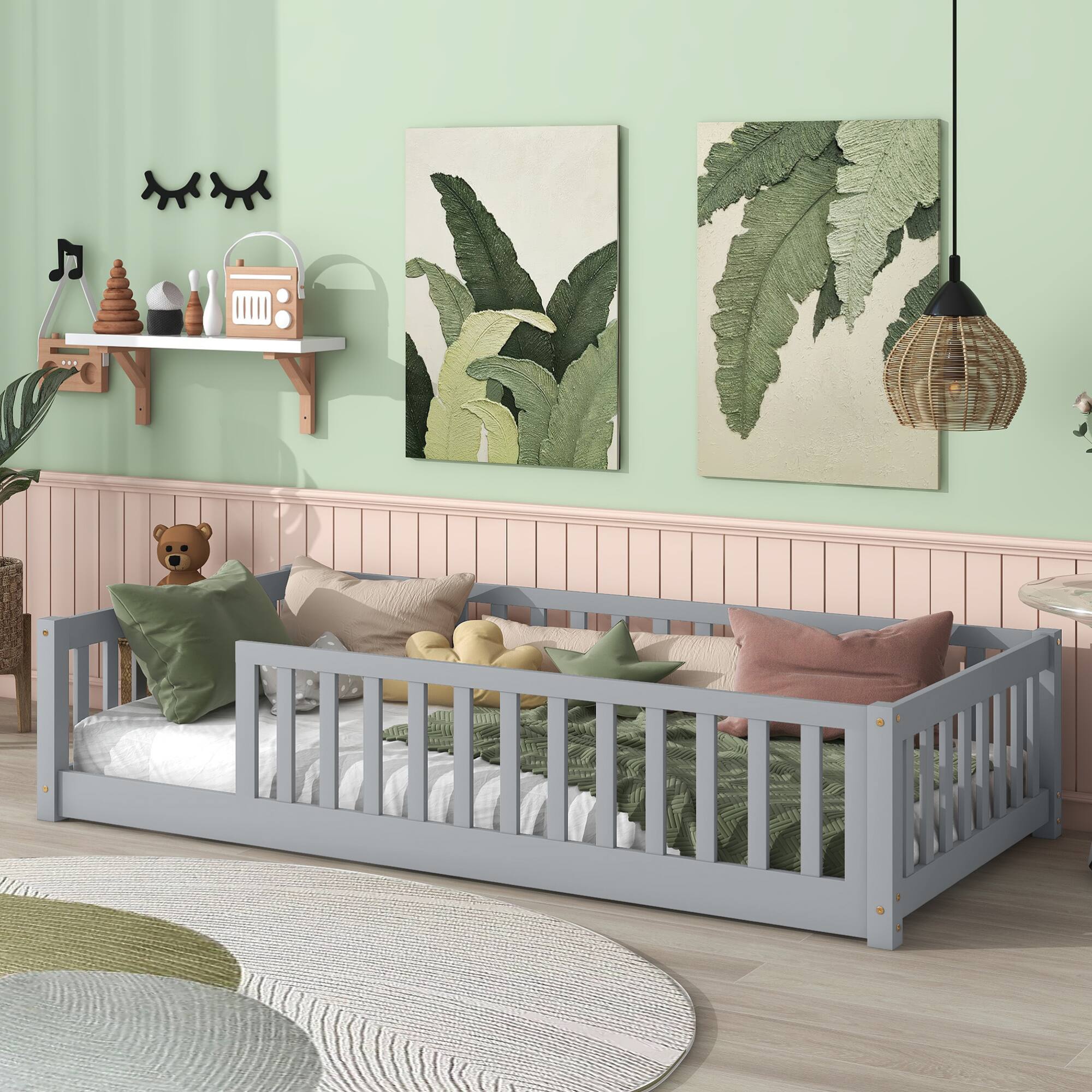 Back. GOODSILO - Twin Size Low-Profile Youth Bed with Secure Enclosure Frame, Solid Wood Construction, Neutral Finish - Grey.