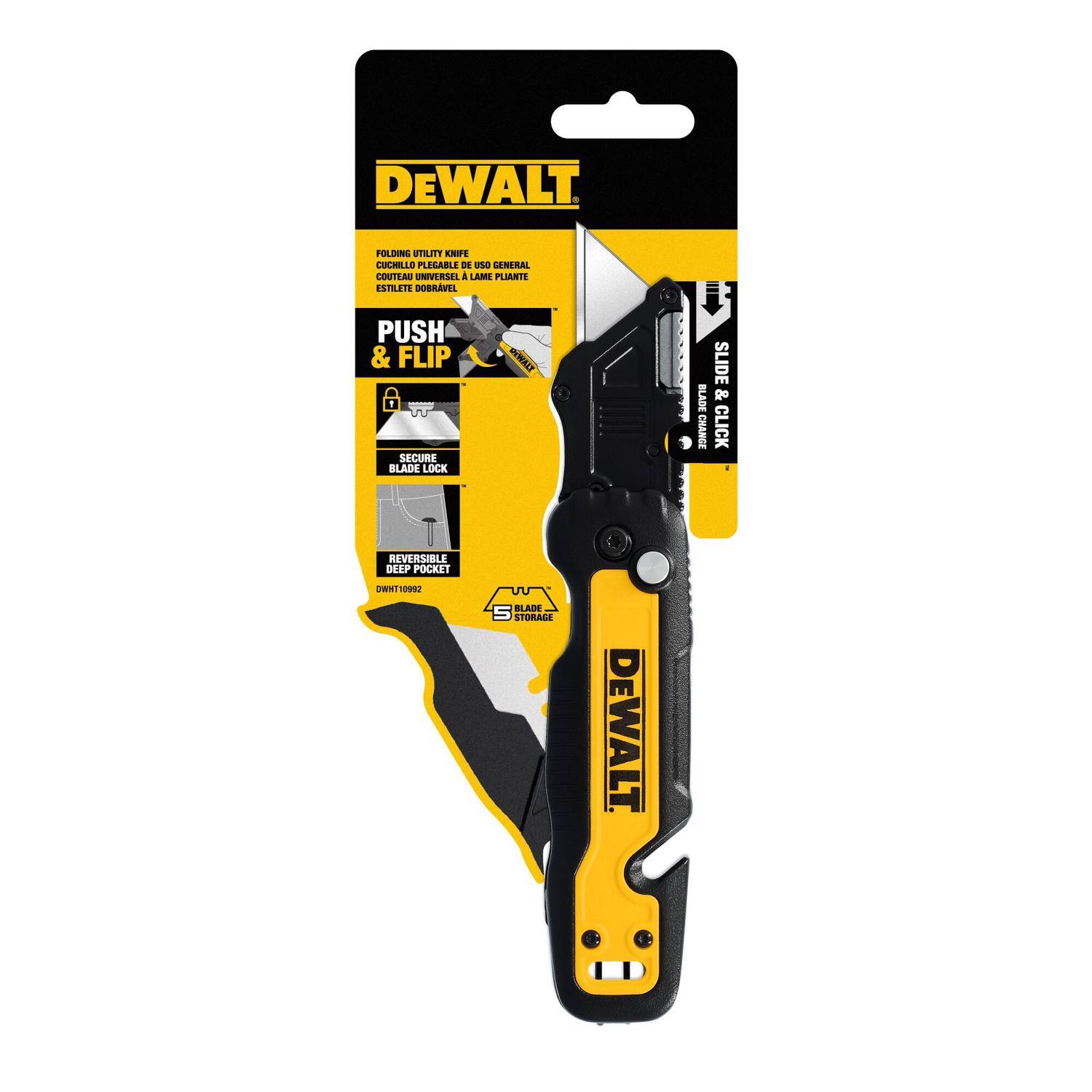 DEWALT FOLDING UTILITY KNIFE - CUCHILLO PLEGABLE DE USO GENERAL - COUTEAU UNIVERSAL - A LAME PLIANTE - ESTILETTE DOBRABLE - PUSH & FLIP - SECURE BLADE LOCK - WWACT BLADE CHANGE - SLIDE & CLICK - REVERSIBLE DEEP POCKET - DWHT10982 - BLADE STORAGE