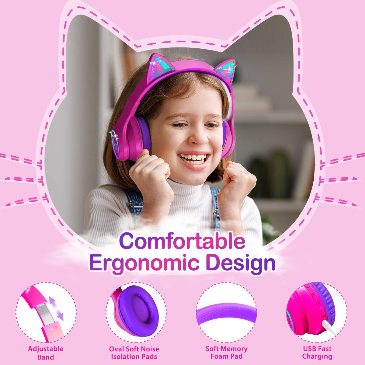 Comfortable Ergonomic Design  
LCN Adjustable Band  
Oval Soft Noise Isolation Pads  
Soft Memory Foam Pad  
USB Fast Charging