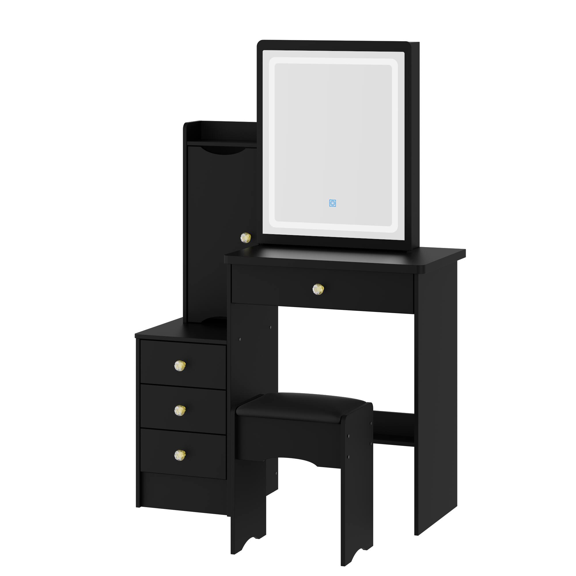 Angle. Famapy - LED Vanity Table Set: Organized Makeup Station with Smart Storage - Black.