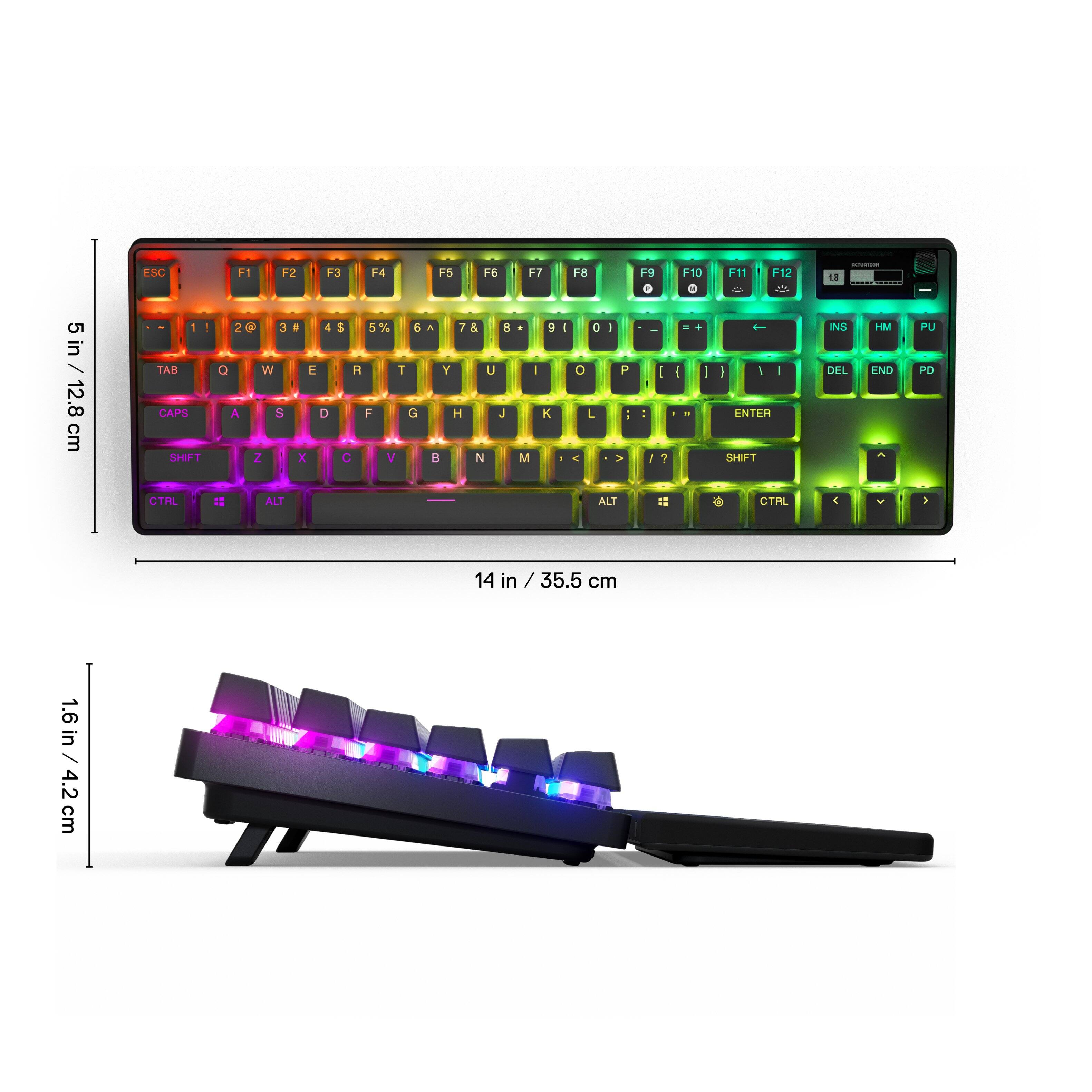 The image features a colorful keyboard with a rainbow design. The keyboard is 14 inches long and 35.5 cm wide. The keys are illuminated with a rainbow of colors, making it a visually appealing and unique keyboard. The keyboard is placed on a stand, which is 1.6 inches tall and 4.2 cm wide. The stand provides a stable and elevated platform for the keyboard, enhancing the overall typing experience.
