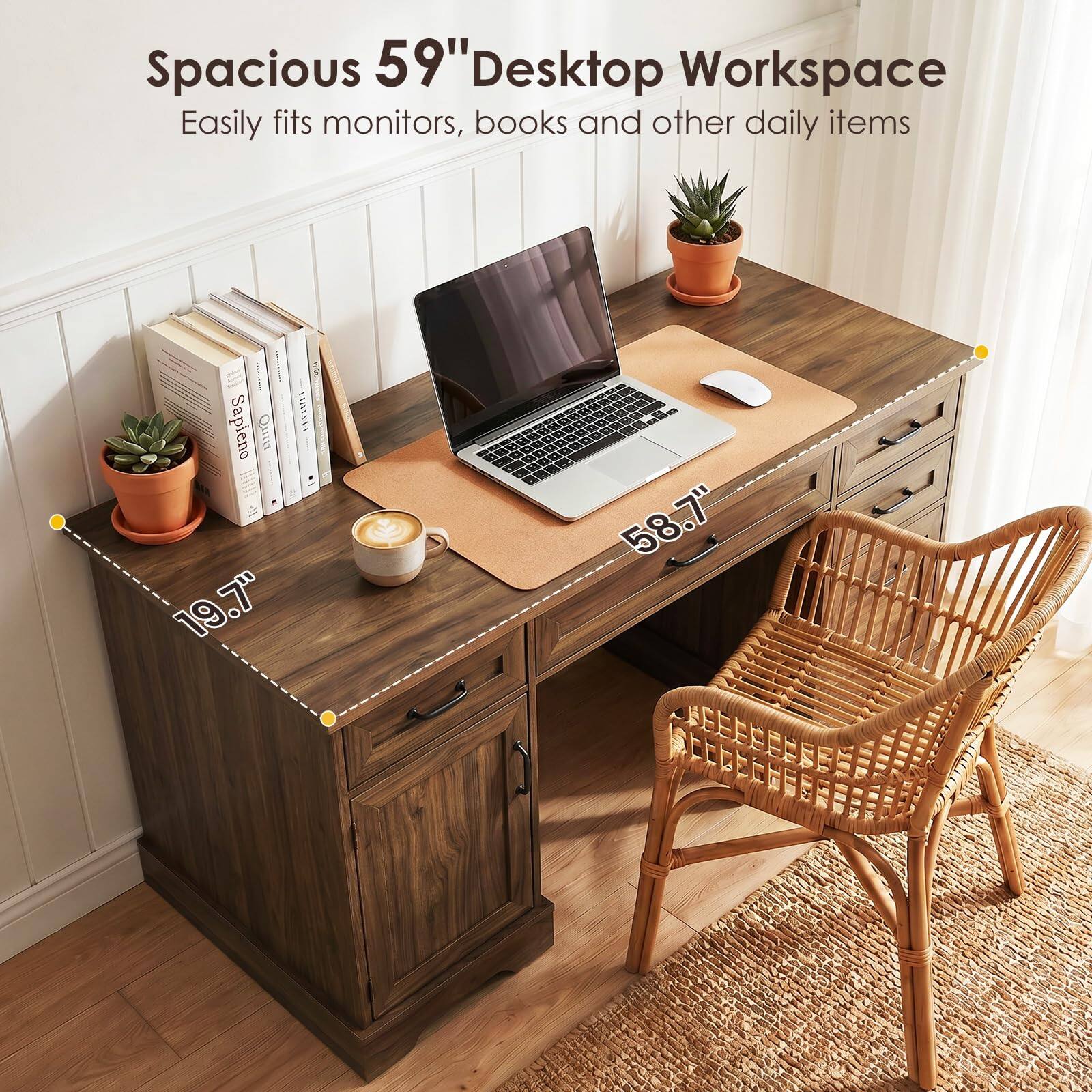 Spacious 59" Desktop Workspace  
Easily fits monitors, books and other daily items  
19.7" x 58.7"