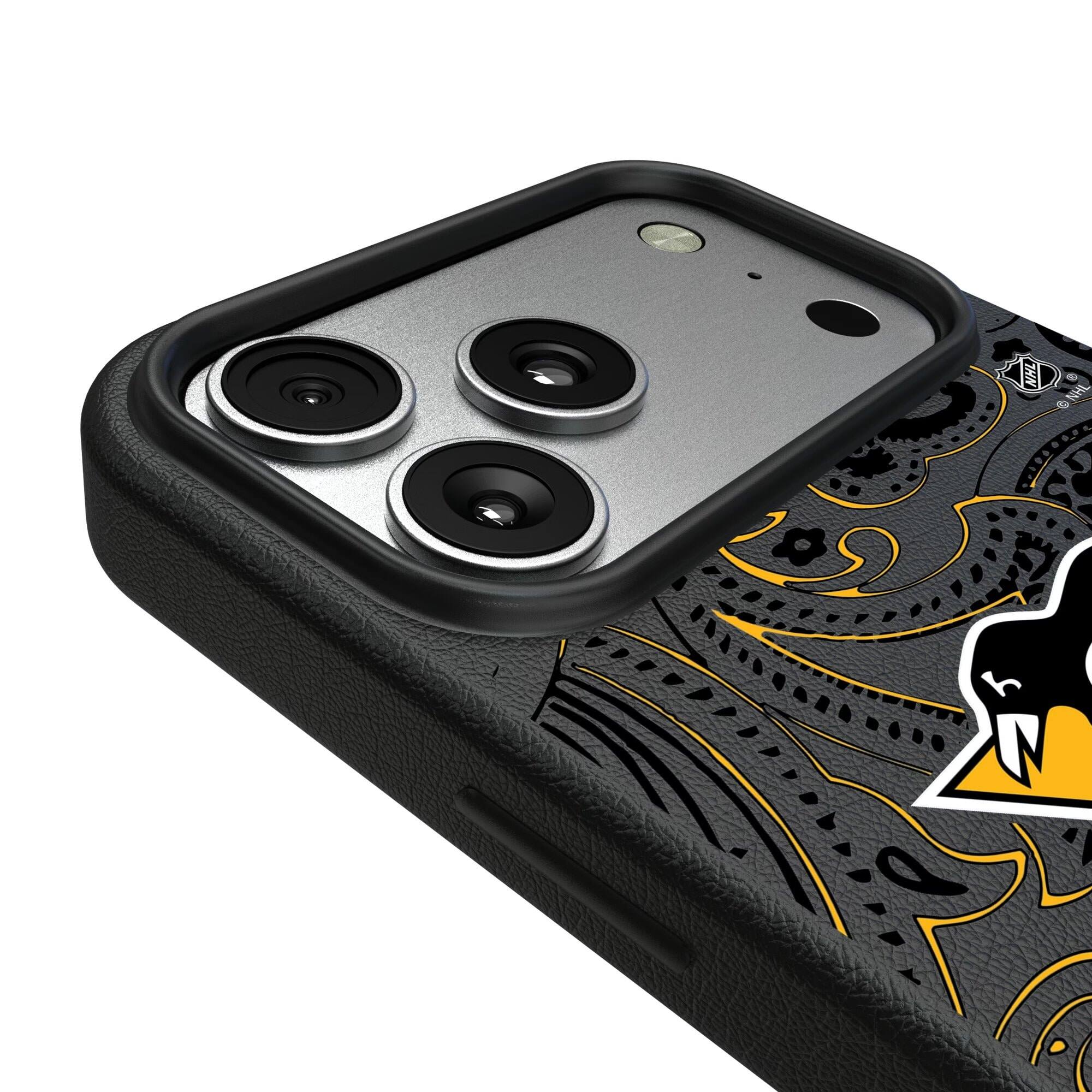 Alt View 2. Keyscaper - Black Pittsburgh Penguins Paisley iPhone Magnetic Bump Case - 16 Pro - Black.