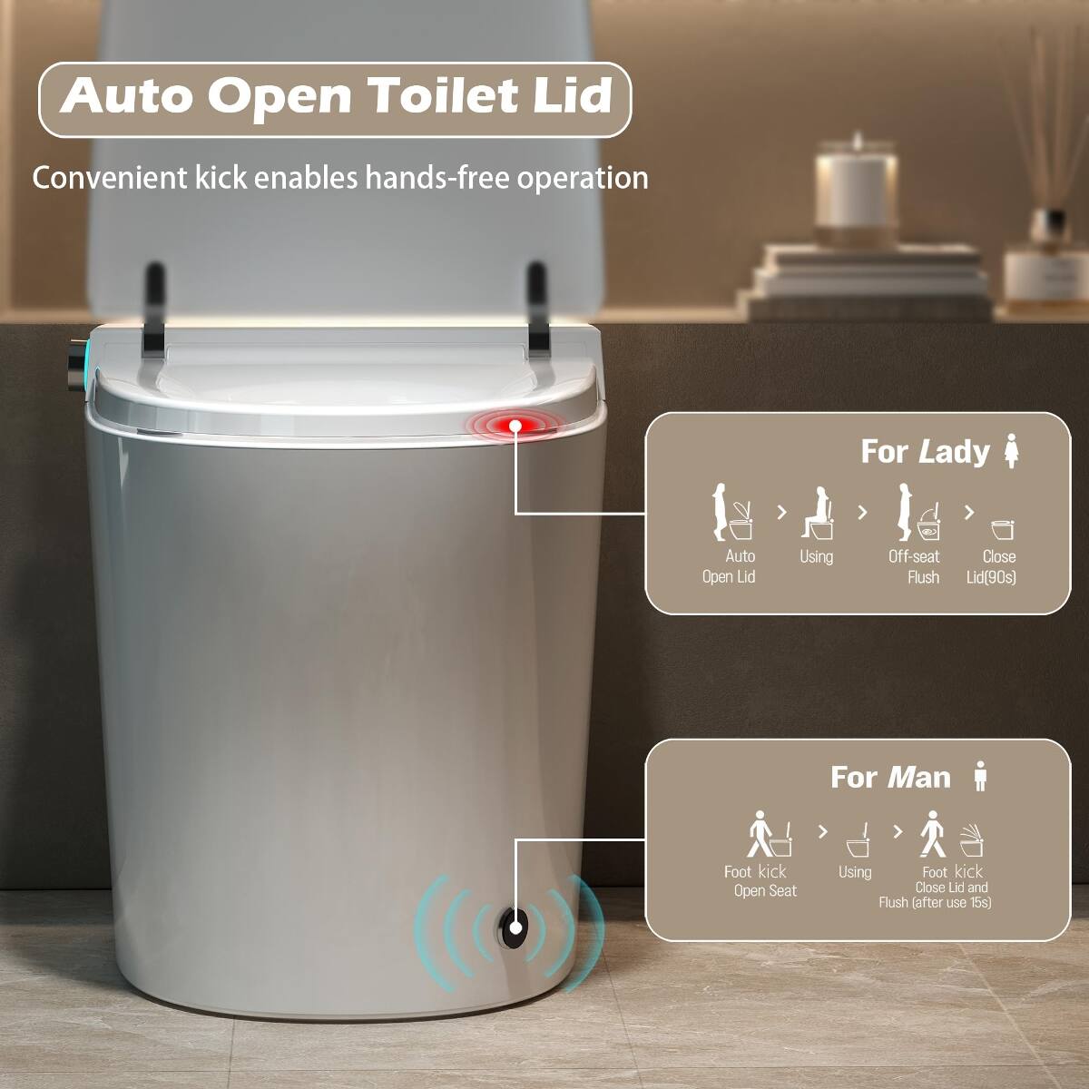 Auto Open Toilet Lid  
Convenient kick enables hands-free operation  

For Lady  
Auto Open Lid  
Using  
Off-seat Close Flush Lid (90s)  

For Man  
Foot kick Open Seat  
Using  
Foot kick Close Lid and Flush (after use 15s)