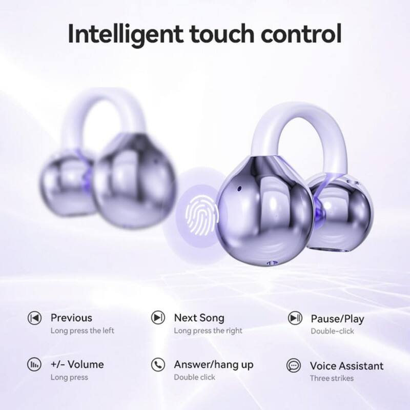 Intelligent touch control

- Previous: Long press the left
- Next Song: Long press the right
- Pause/Play: Double-click
- +/- Volume: Long press
- Answer/hang up: Double click
- Voice Assistant: Three strikes