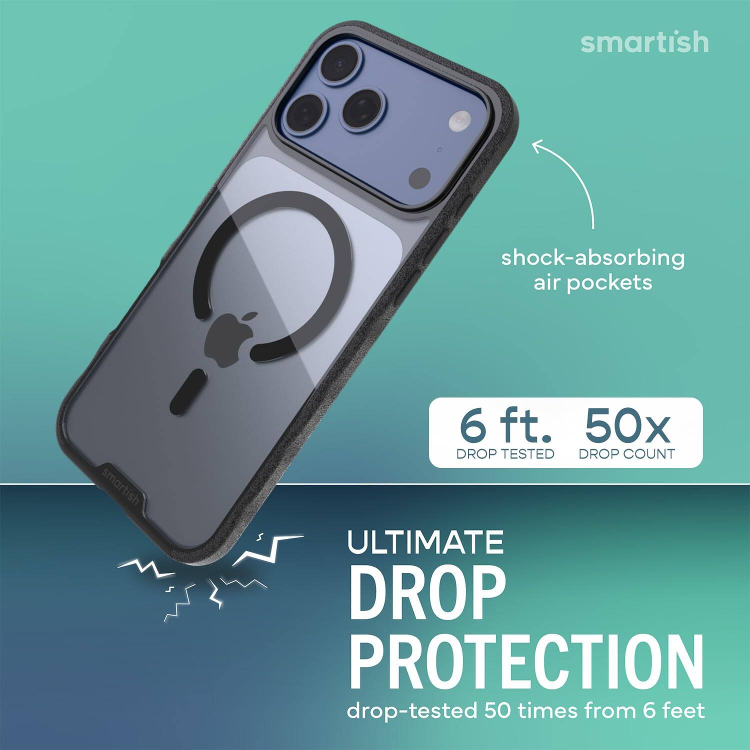 smartish  
shock-absorbing air pockets  
smartish  
6 ft. 50x DROP TESTED DROP COUNT  
ULTIMATE DROP PROTECTION  
drop-tested 50 times from 6 feet