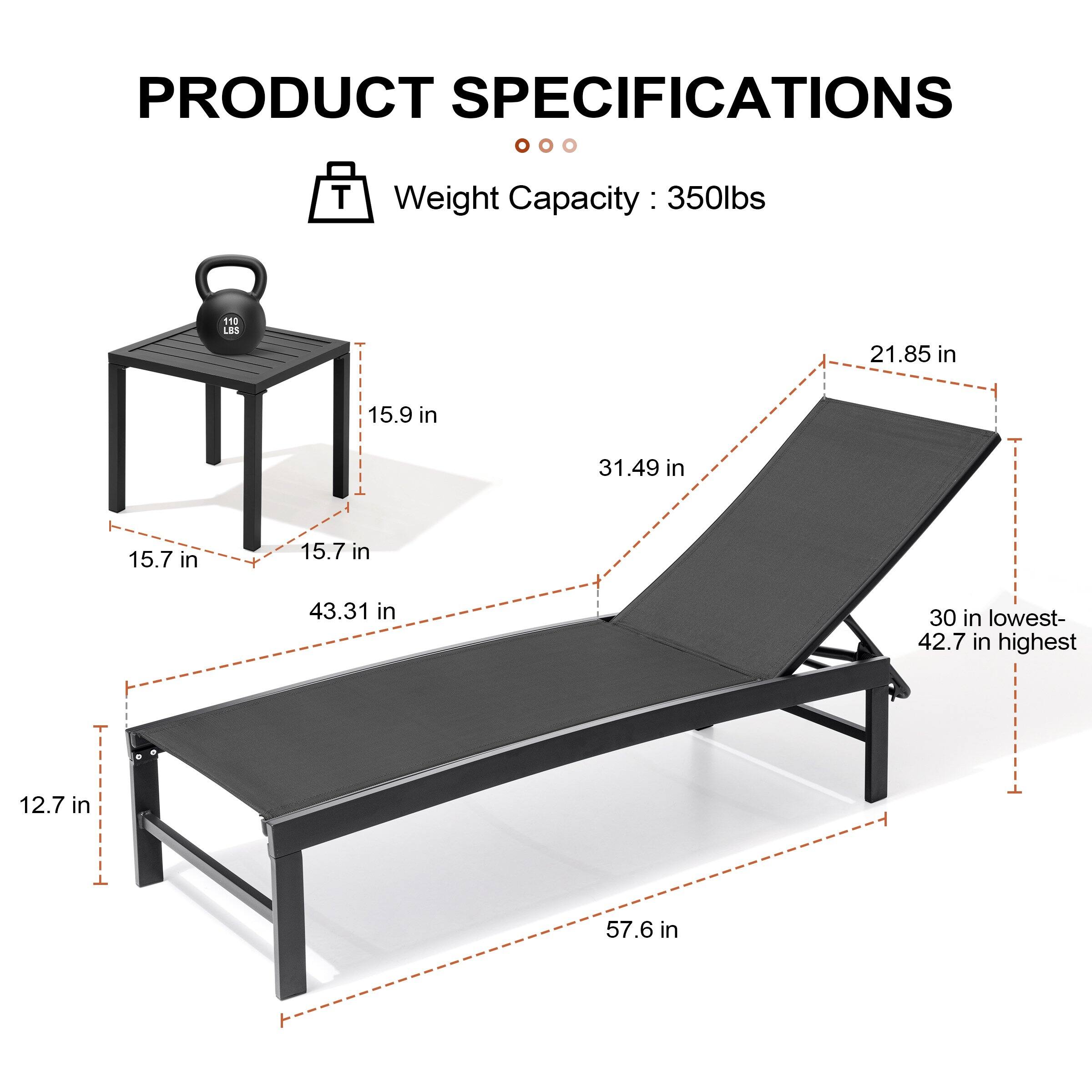 PRODUCT SPECIFICATIONS

Weight Capacity: 350lbs

- 15.9 in
- 15.7 in
- 15.7 in
- 21.85 in
- 31.49 in
- 43.31 in
- 12.7 in
- 57.6 in
- 30 in lowest- 42.7 in highest