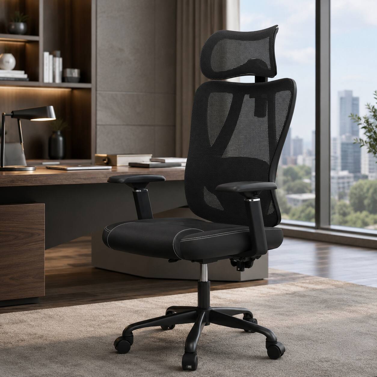 Alt View 7. ACGAM - CG-5455M Ergonomic Office Chair, High Back Breathable Mesh Chair w/ Adjustable Lumbar Support, Headrest & Armrests,Tilt - Black.