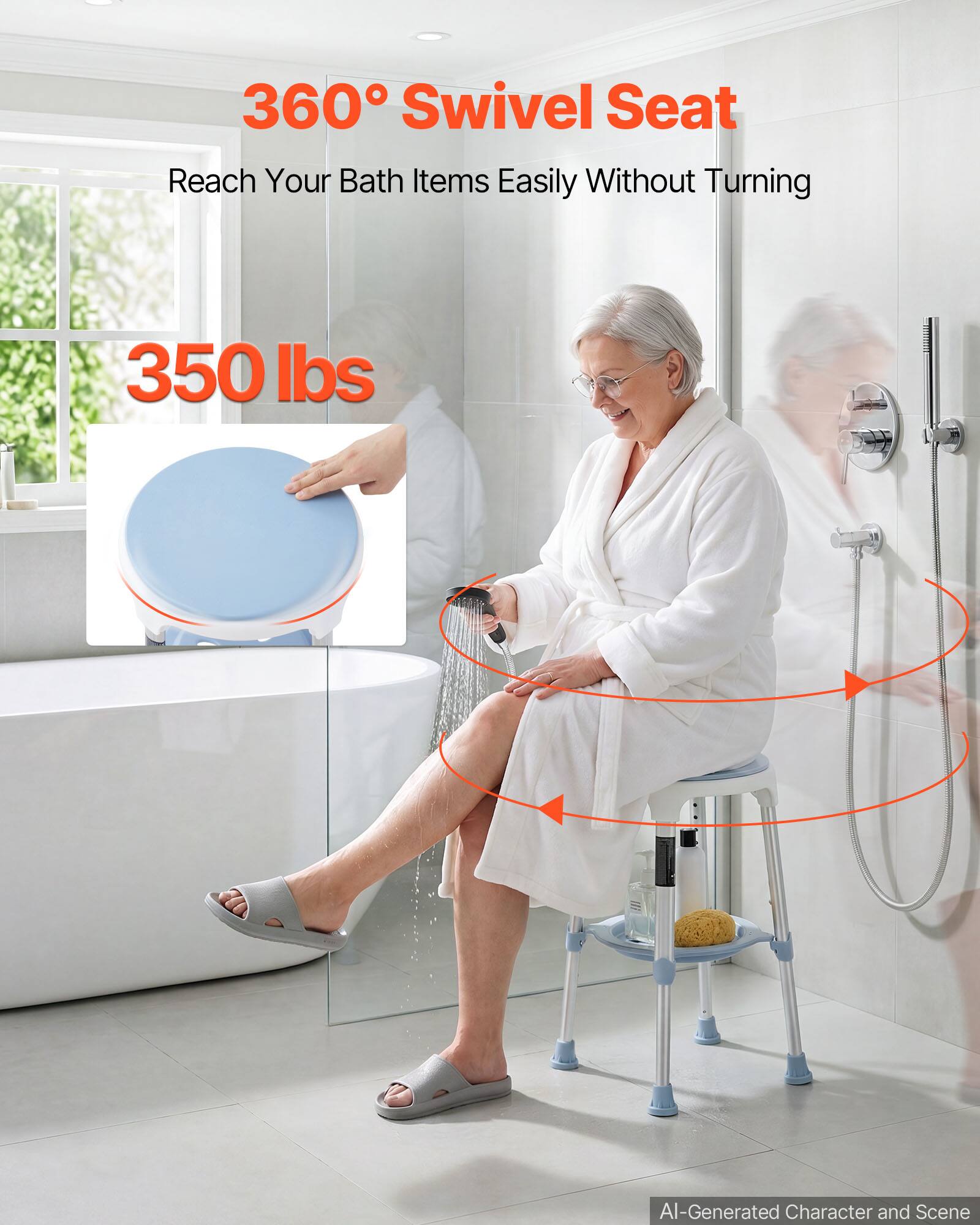 360° Swivel Seat  
Reach Your Bath Items Easily Without Turning  
350 lbs  
AI-Generated Character and Scene
