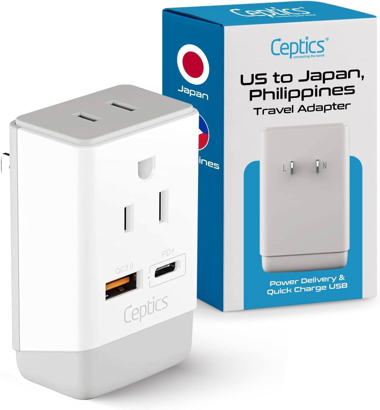 CepTics  
connecting the world  

US to Japan, Philippines Travel Adapter  

Power Delivery & Quick Charge USB  

QC3.0  
PD4  

CepTics