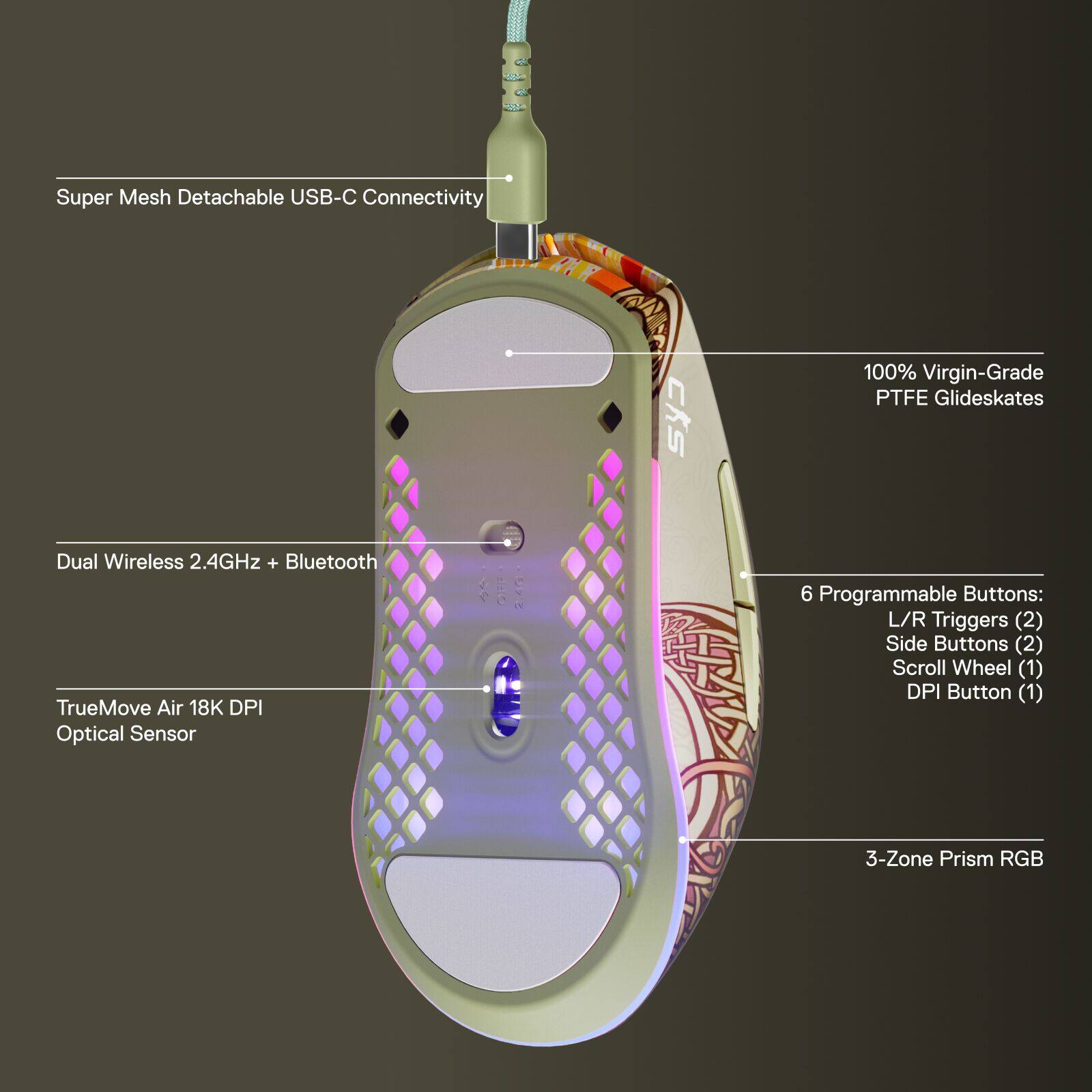 The text on the image describes a computer mouse with various features and functionalities. It is a Super Mesh Detachable USB-C Connectivity mouse, which means it has a detachable USB-C cable for connectivity. The mouse also has a CKS 100% Virgin-Grade PTFE Glideskates, which provide smooth and precise movement on the surface. It is a Dual Wireless 2.4GHz + Bluetooth mouse, offering both wired and wireless connectivity options. The mouse has a TrueMove Air 18K DPI Optical Sensor, which provides high-resolution tracking and accuracy. Additionally, the mouse features 6 Programmable Buttons, including L/R Triggers (2), Side Buttons (2), Scroll Wheel (1), DPI Button (1), and 3-Zone Prism RGB, which allows for customization and personalization of the mouse's functions.
