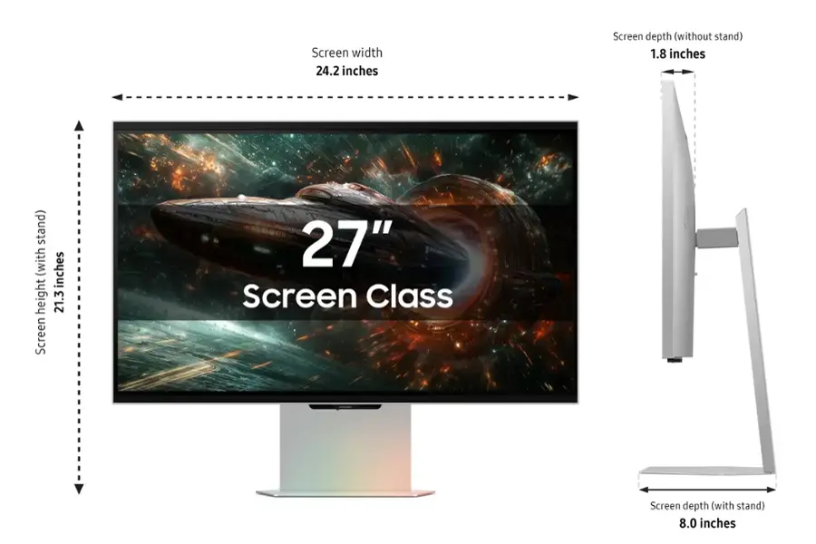 Screen width: 27 inches
Screen depth (without stand): 1.8 inches
Screen depth (with stand): 8.0 inches
Screen height: 21.3 inches
Screen class: 27"
