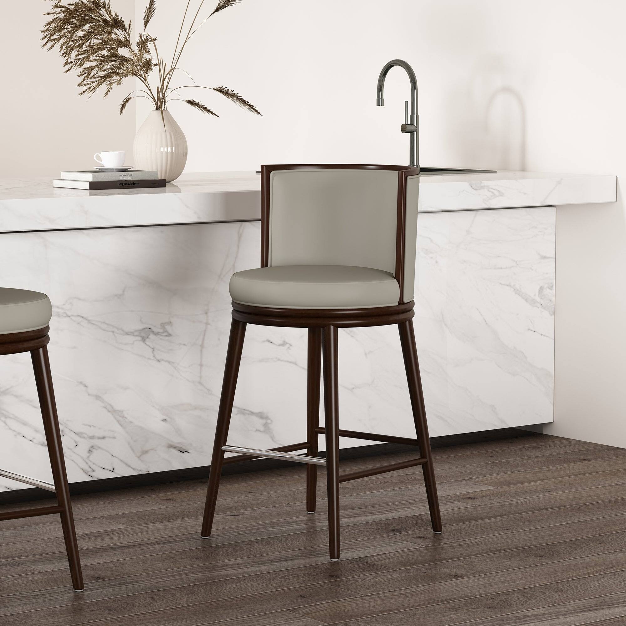 Angle. Manhattan Comfort - Evalyn Modern Wood Upholstered Barstool - Stone.
