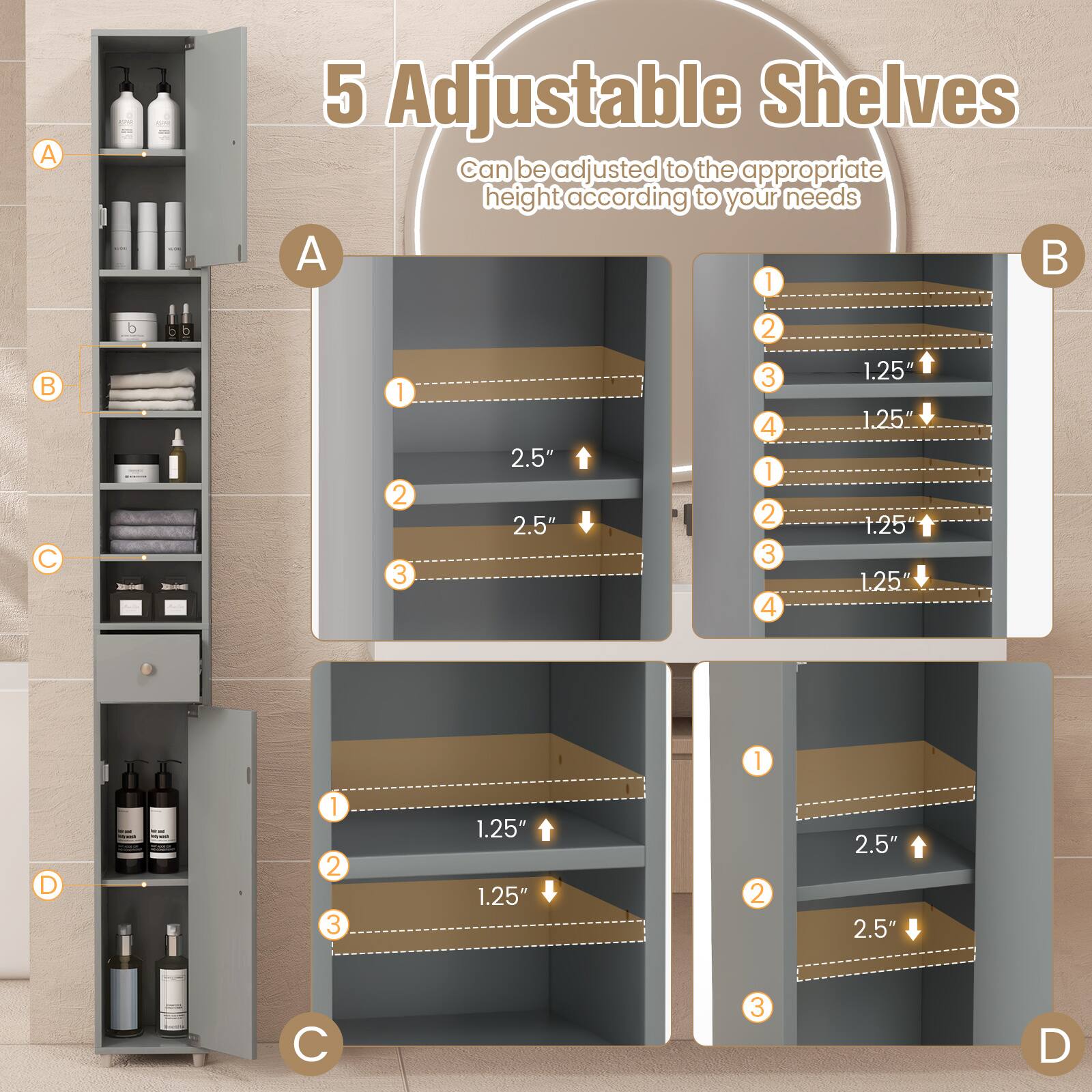 A - 5 Adjustable Shelves can be adjusted to the appropriate height according to your needs
B - 1 2 3 4 1.25" 1.25" 1.25 1.25 1.25 1.25
C - 1 2 3 4 2.5" 2.5" 2.5" 2.5"
D - 1 2 3 1.25" 1.25" 2 2.5" 2.5"