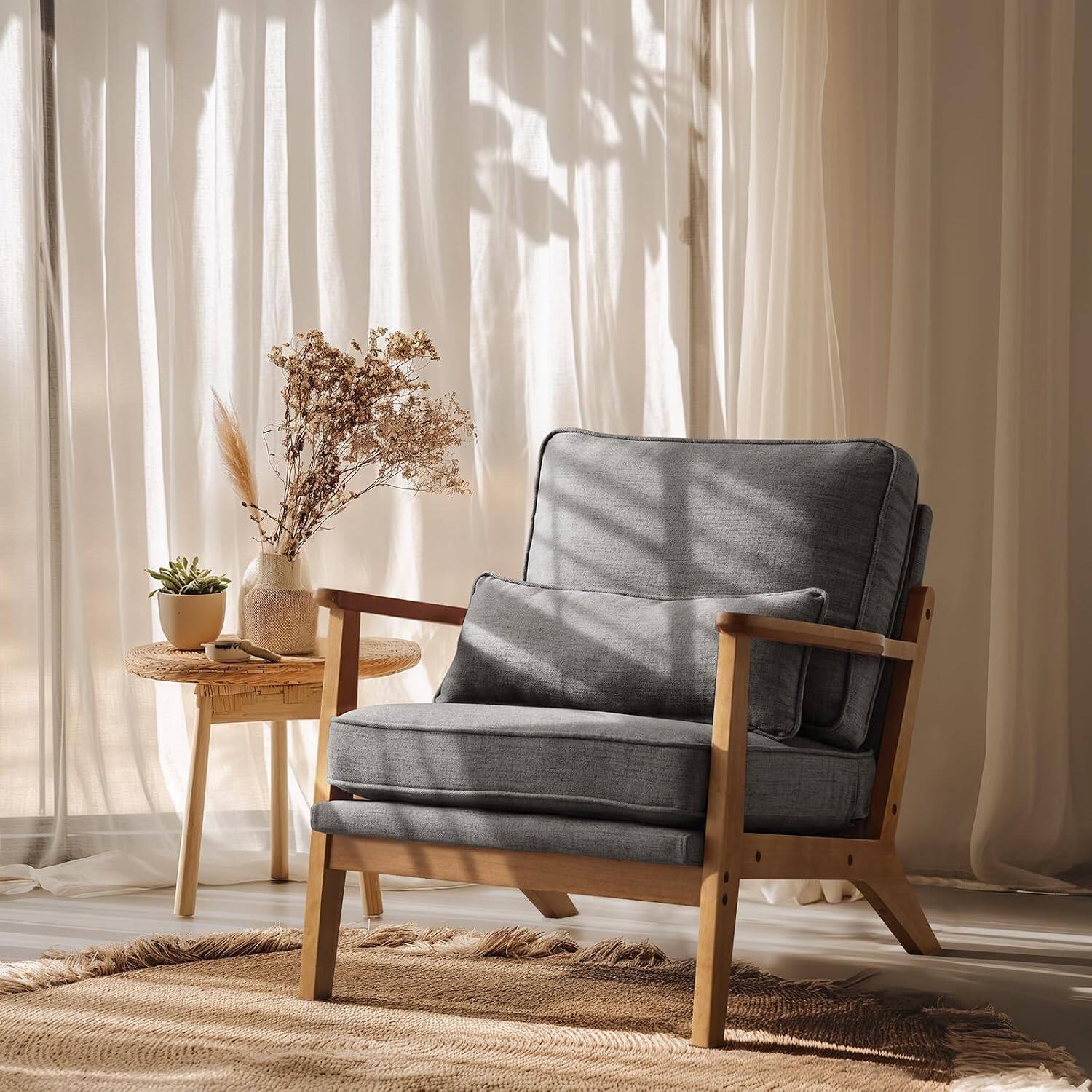 Alt View 8. Winado - Solid Wood Wide Armrests Accent Mid Century Modern Chair,Upholstered with Pillow,Reading Chair for Living Room,Bedroom - Linen Fabric-Dark Grey.