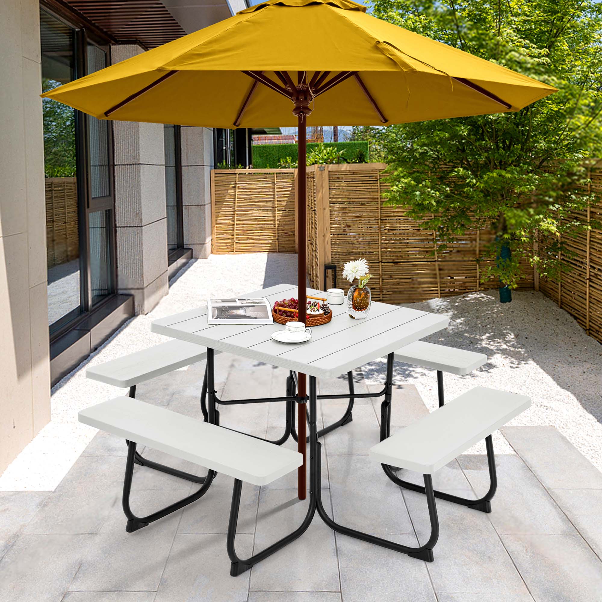 Alt View 1. Costway - Costway Outdoor 8-person Square Picnic Table Bench Set with 4 Benches & Umbrella Hole - White.