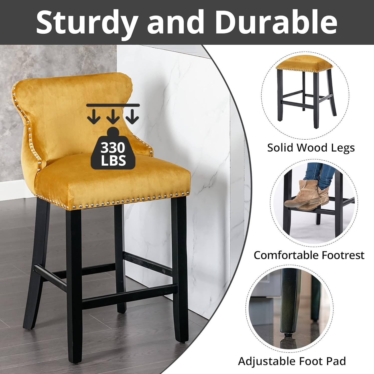 Sturdy and Durable

330 LBS

Solid Wood Legs

Comfortable Footrest

Adjustable Foot Pad