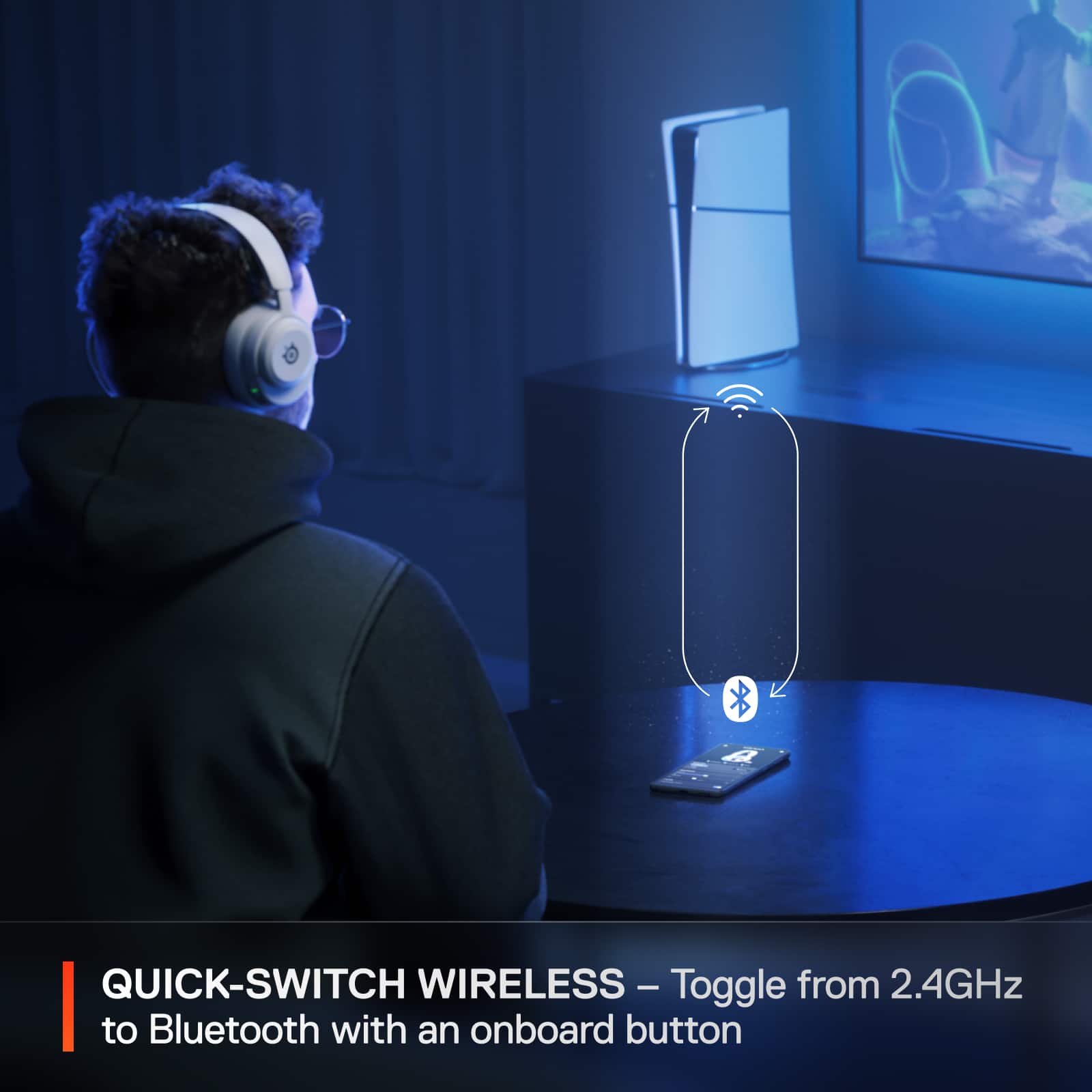 The text on the image reads: "Quick-Switch Wireless - Toggle from 2.4GHz to Bluetooth with an onboard button."