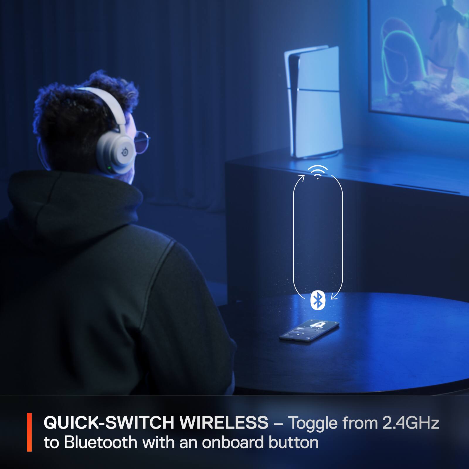 The text on the image reads: "Quick-Switch Wireless - Toggle from 2.4GHz to Bluetooth with an onboard button."