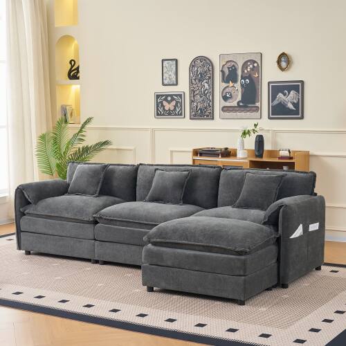 Front. Anysun - Oversized L-Shape Chenille Sectional - 3-Seat Deep-Seat Cloud Couch with Ottoman, DIY Modular for Living Room - Gray.