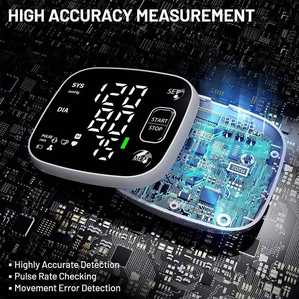 HIGH ACCURACY MEASUREMENT

- Highly Accurate Detection
- Pulse Rate Checking
- Movement Error Detection

SYS mmHg  
DIA  
PULSE /min  
M  
SET  
START STOP  
MEM  

R100 R202