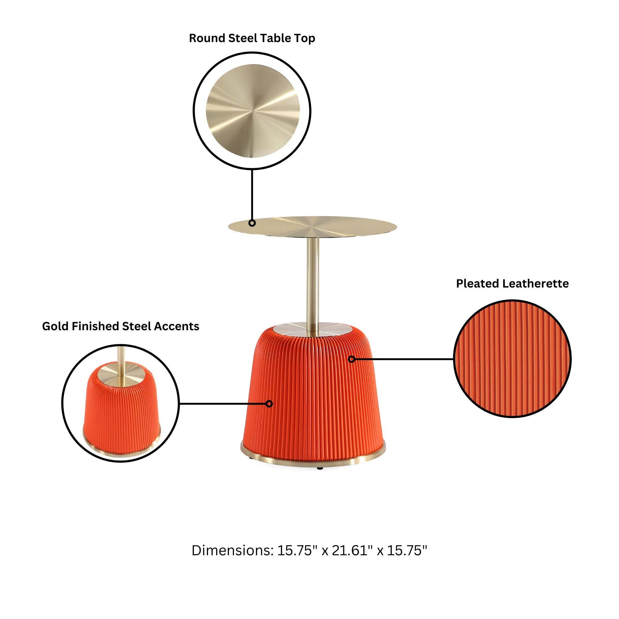 Round Steel Table Top  
Pleated Leatherette  
Gold Finished Steel Accents  
Dimensions: 15.75" x 21.61" x 15.75"