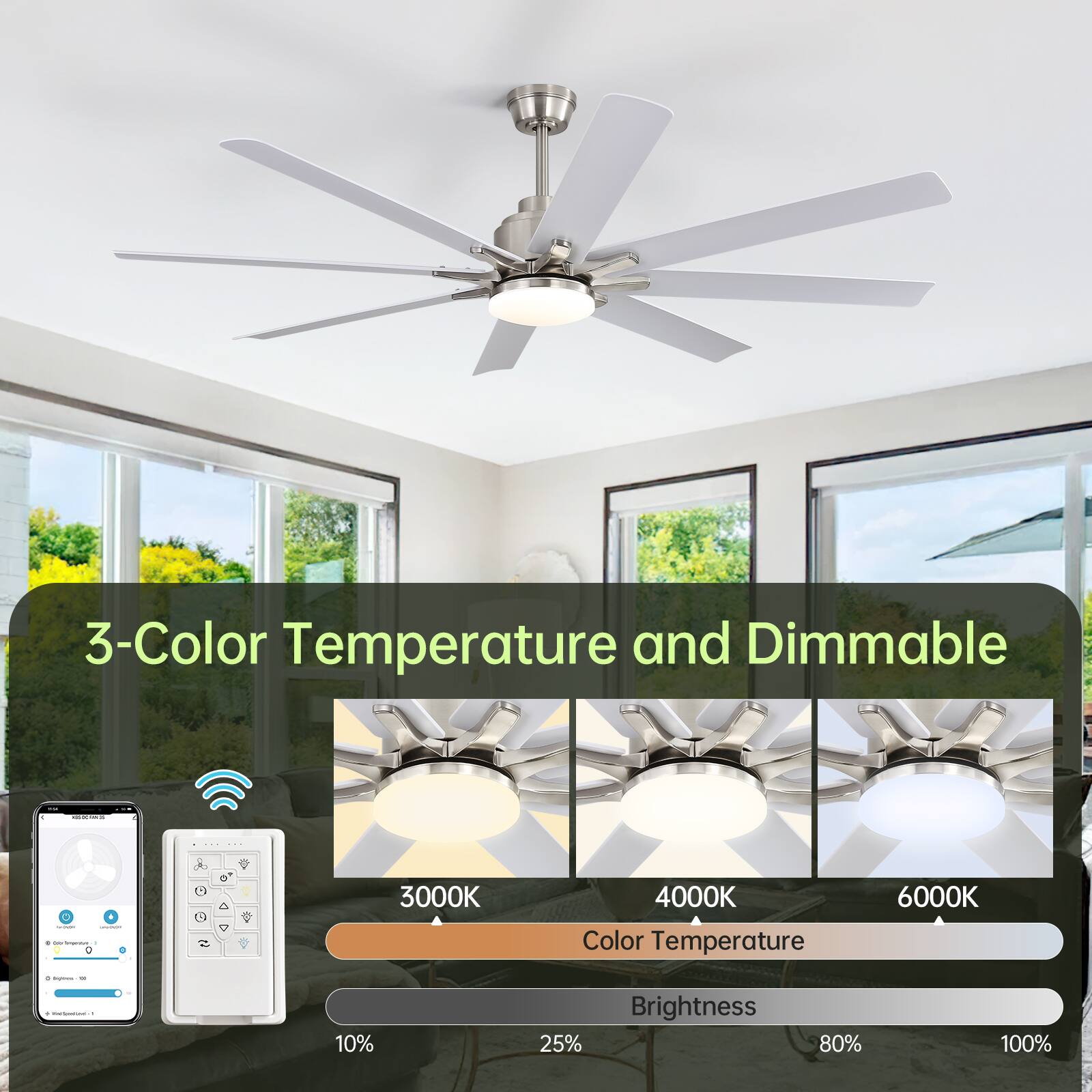 3-Color Temperature and Dimmable

- 3000K
- 4000K
- 6000K

Brightness
- 10%
- 25%
- 80%
- 100%