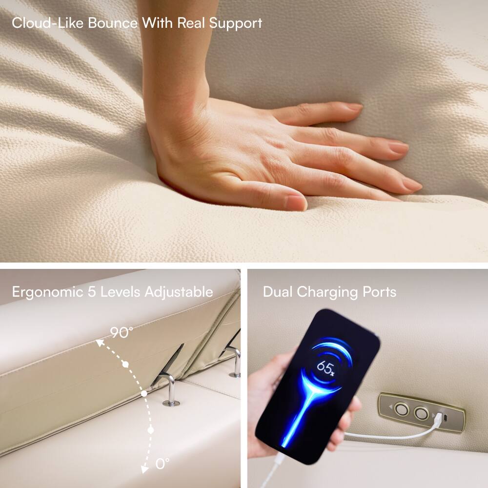 Cloud-Like Bounce With Real Support

Ergonomic 5 Levels Adjustable

Dual Charging Ports

90°

65%