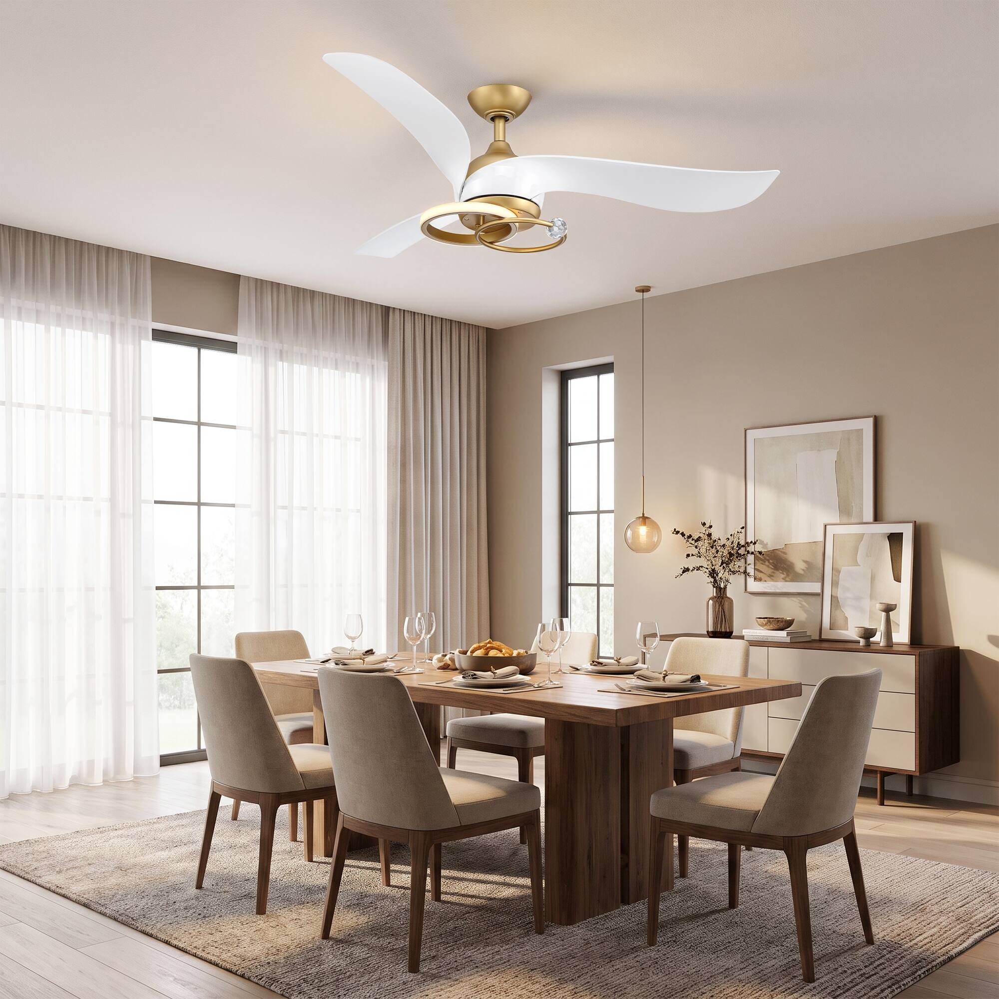 Back. Parrot Uncle - 52 Inch Modern Luxury 3 Blade Ceiling Fan with Dual Ring Crystal LED Light 6 Speed DC Motor and Remote Control - White.