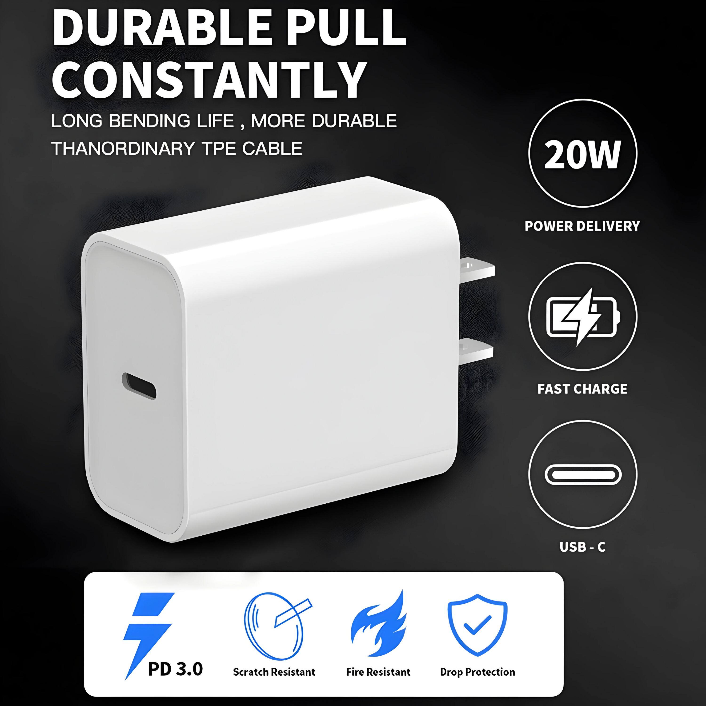 DURABLE PULL CONSTANTLY  
LONG BENDING LIFE, MORE DURABLE THAN ORDINARY TPE CABLE  

20W POWER DELIVERY  
FAST CHARGE USB-C  
PD 3.0  
Scratch Resistant  
Fire Resistant  
Drop Protection