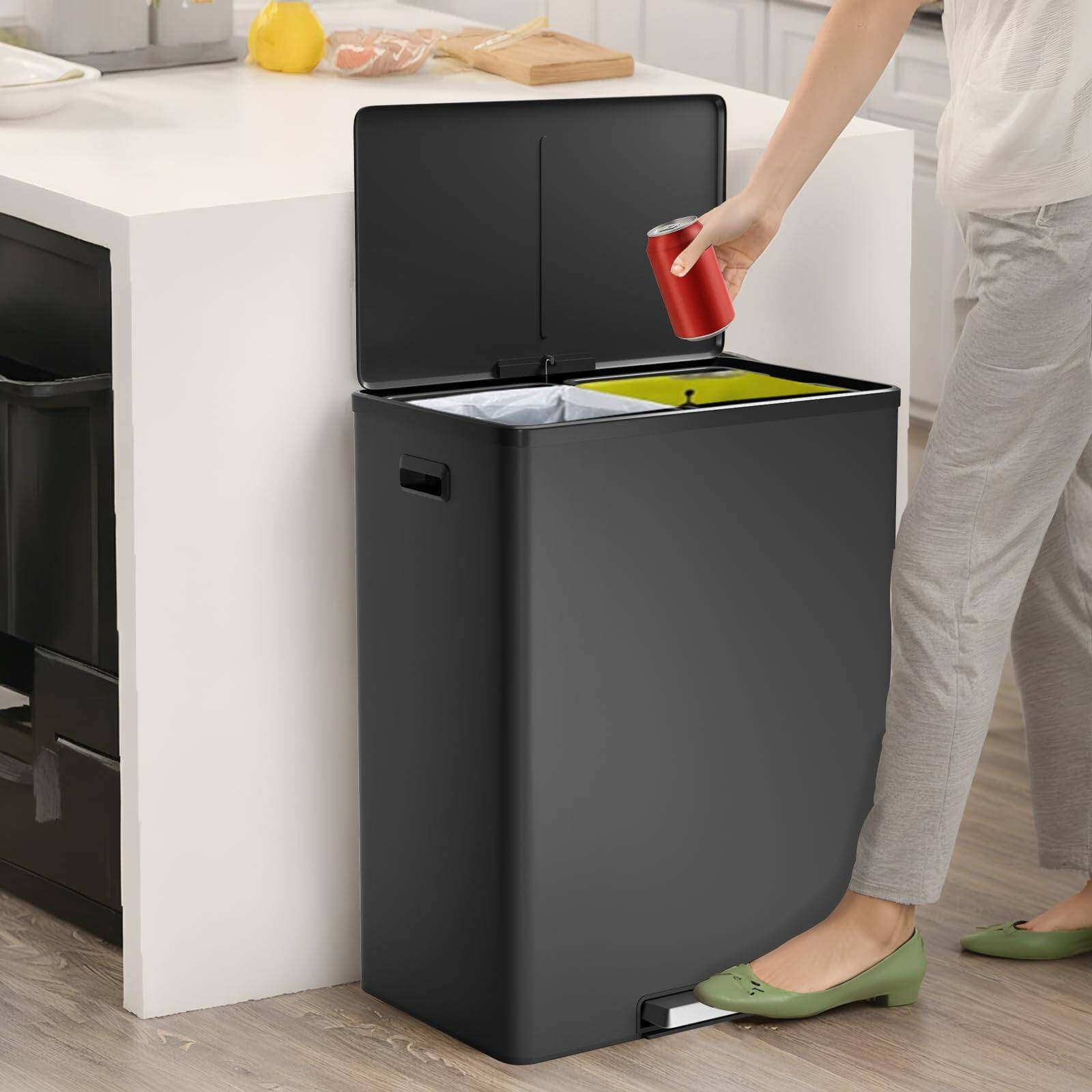 Alt View 3. Acekool - 60L 16 Gallon Step Dual Trash Can with Lid, Large Stainless Steel Double Recycling Bin.