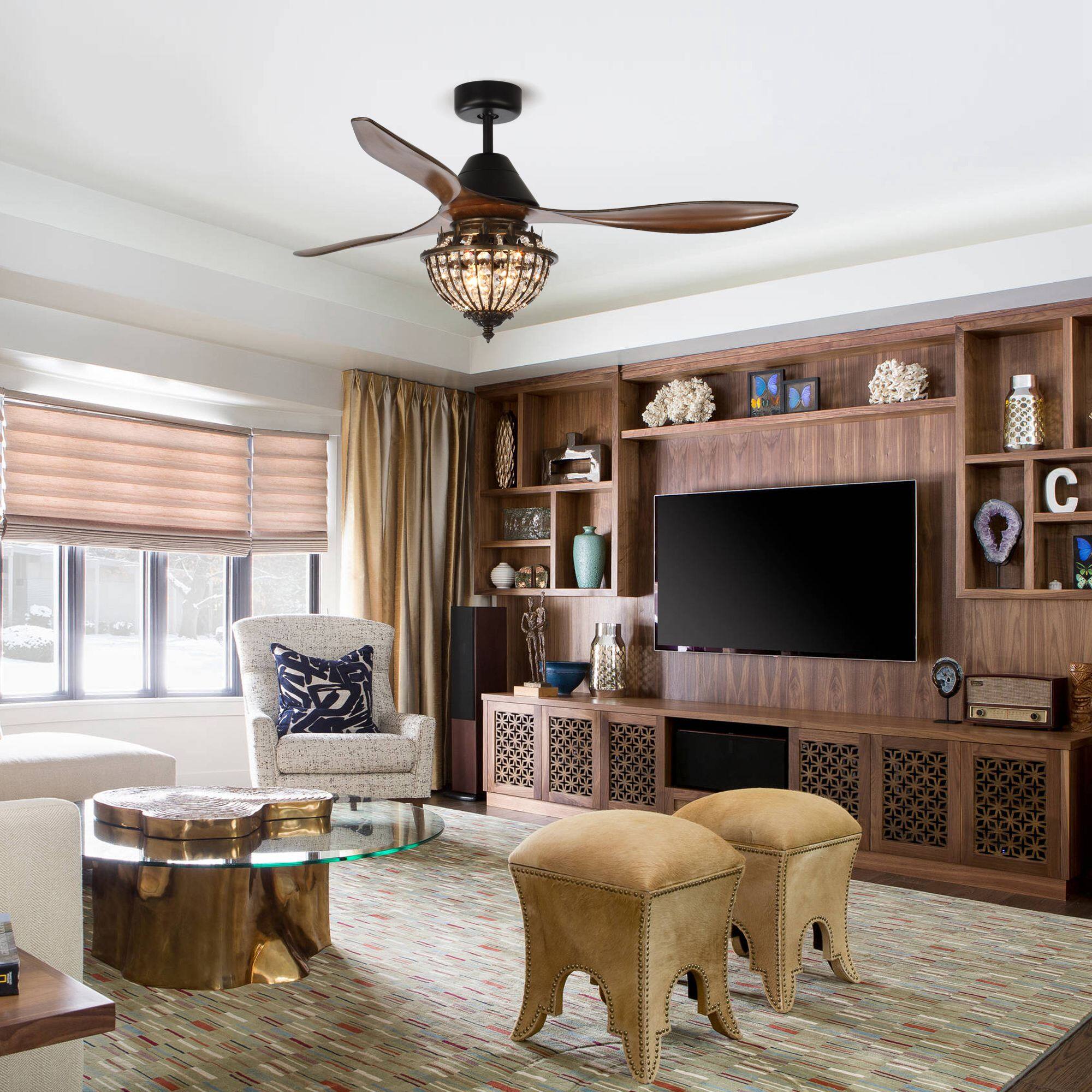 Back. Parrot Uncle - 52" Farmhouse Brown Crystal Chandelier Ceiling Fan with Remote Control - Black.